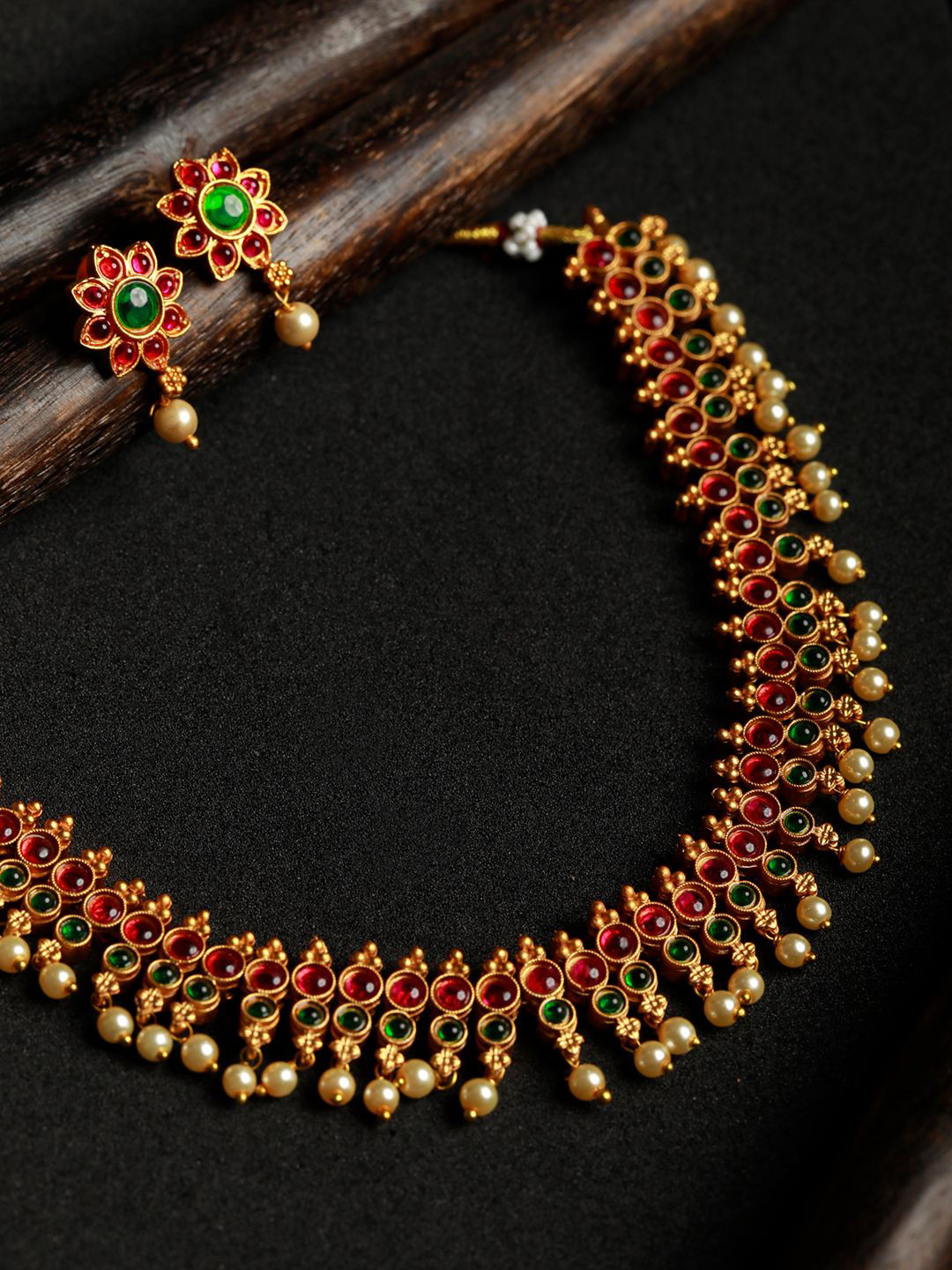 

Priyaasi Women Gold-Plated Green & Pink Stone Studded Jewellery Set