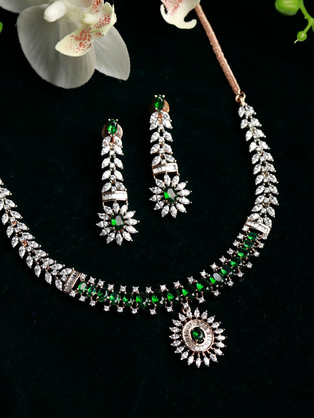 

Priyaasi Rose Gold-Plated White & Green AD-Studded Elegant Jewellery Set
