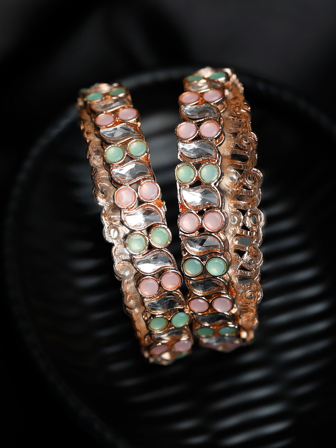 

Priyaasi Set Of 2 Rose Gold-Plated Green & White Stones-Studded & Beaded Bangles