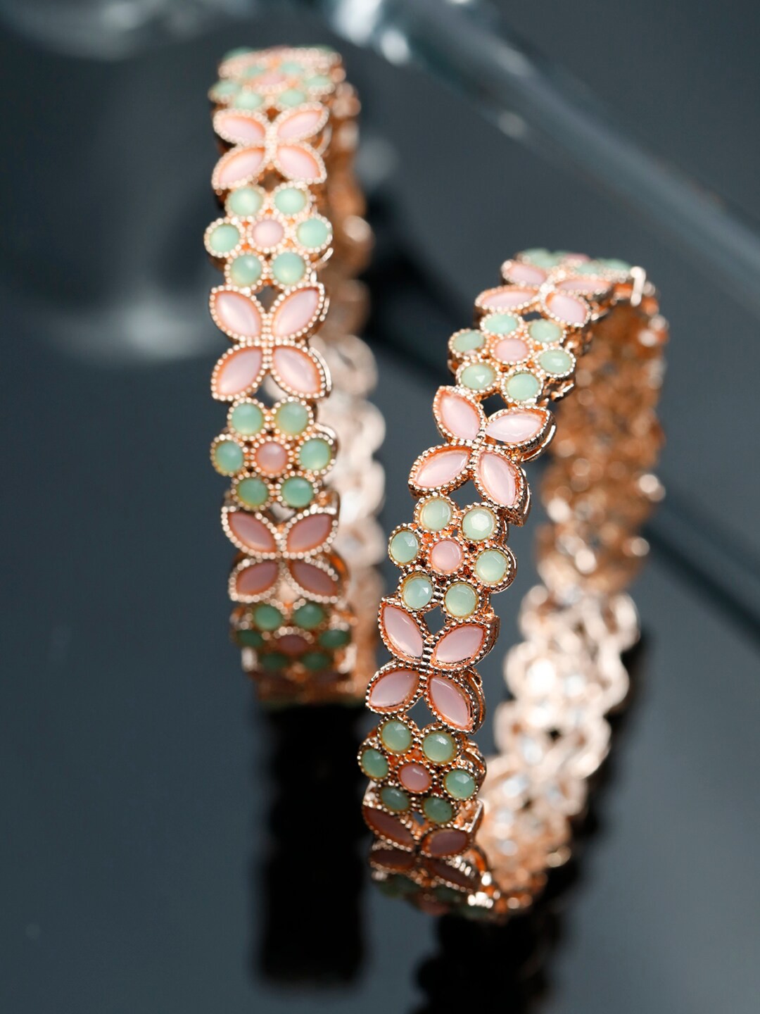 

Priyaasi Set Of 2 Rose Gold-Plated Green & Pink Stones-Studded & Beaded Bangles