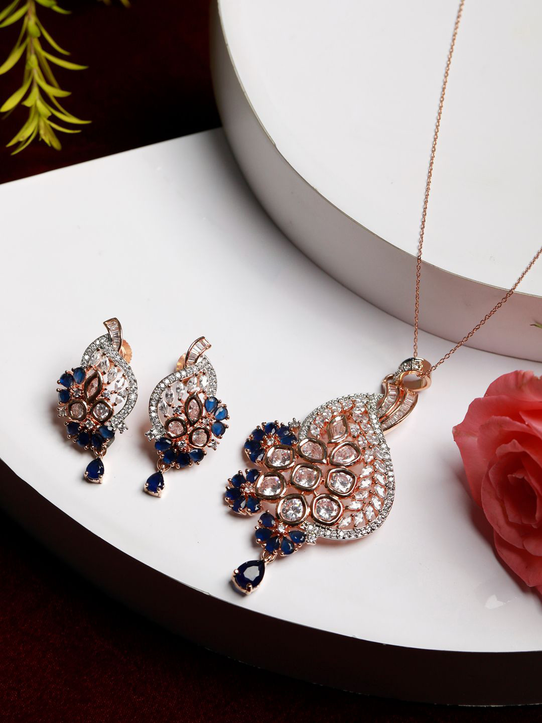 

Priyaasi Rose Gold-Toned Blue American Diamond Pendant & Earring Set