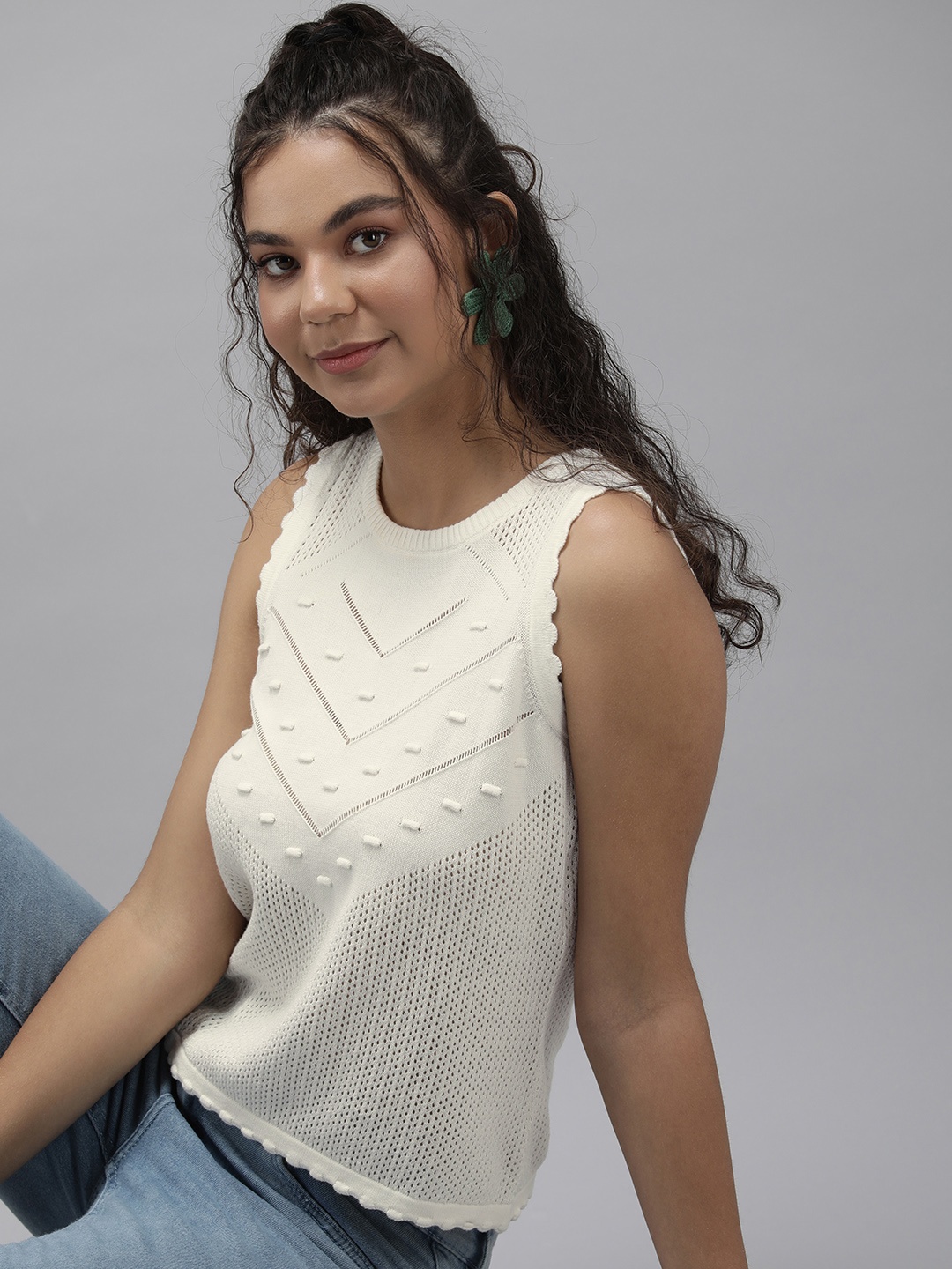 

Roadster Blue Self Design Pure Cotton Crochet Knit Tank Top, White