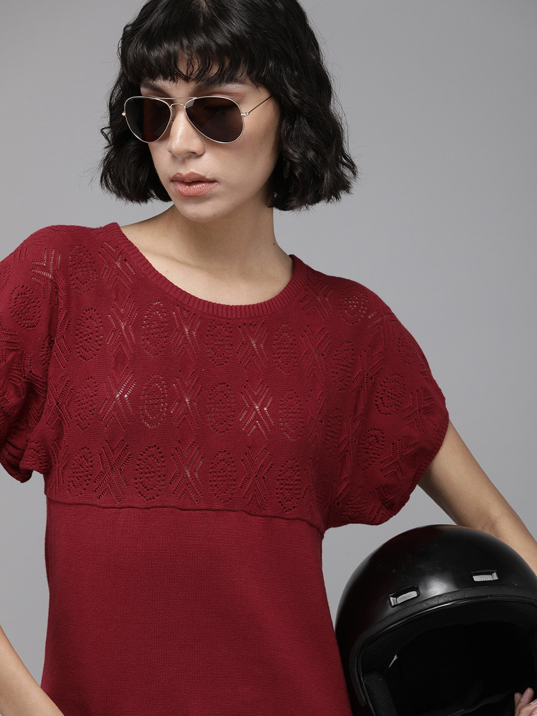 

The Roadster Lifestyle Co. Red Self Designed Extended Sleeves Pure Cotton Top