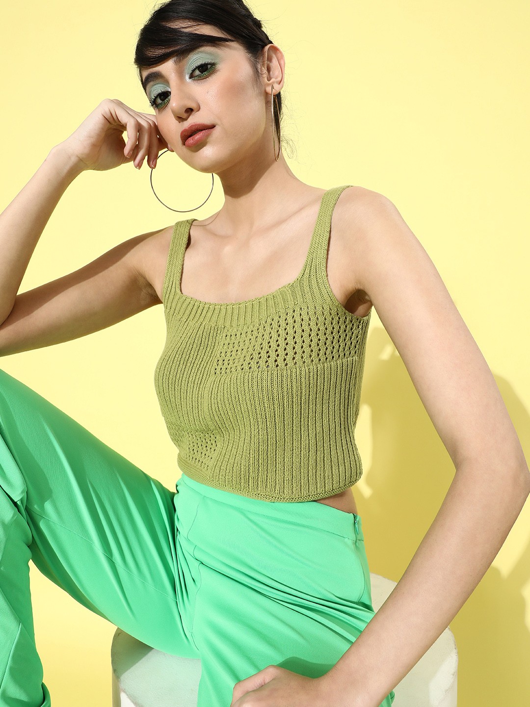 

The Roadster Lifestyle Co. Olive Green Self Design Crochet Cotton Crop Top