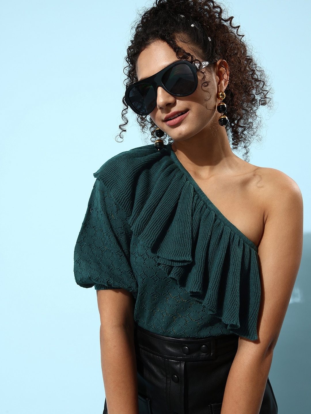 

Roadster Green Self-Design Ruffled Top