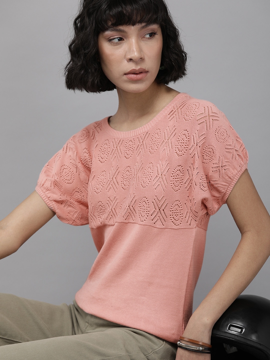 

The Roadster Lifestyle Co. Pink Self- Designed Pure Cotton Extended Sleeves Top