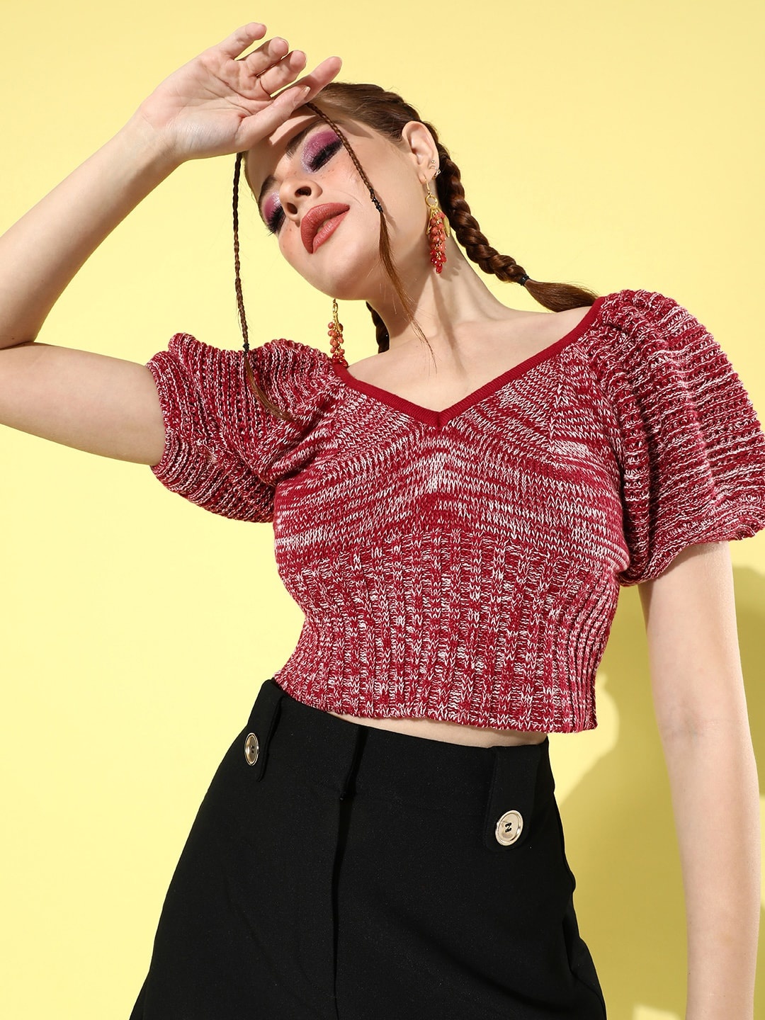 

Roadster Maroon & White Self Design V-Neck Pure Cotton Knits Crochet Empire Crop Top