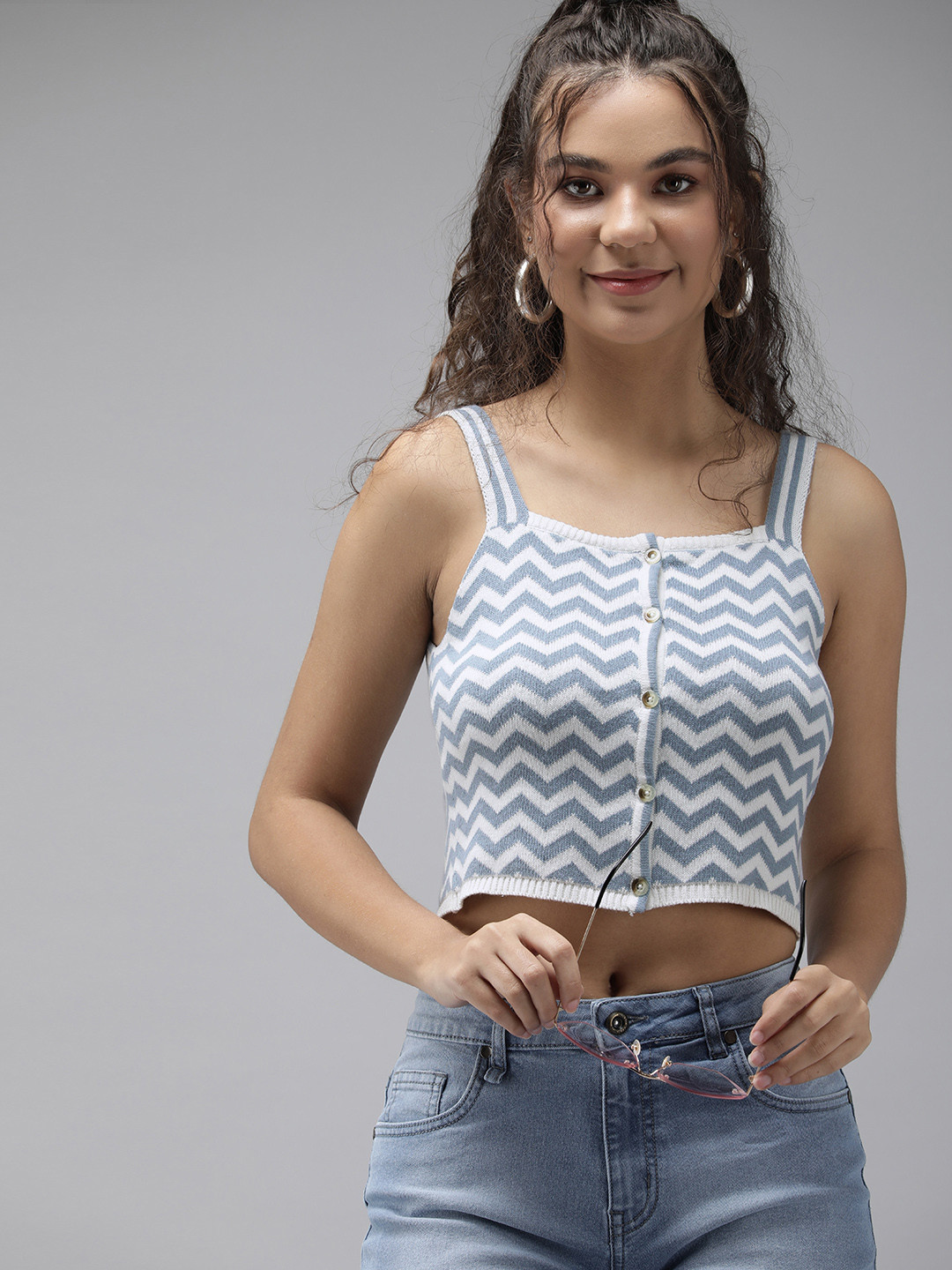 

Roadster Blue & White Chevron Striped Pure Cotton Knitted Crop Top