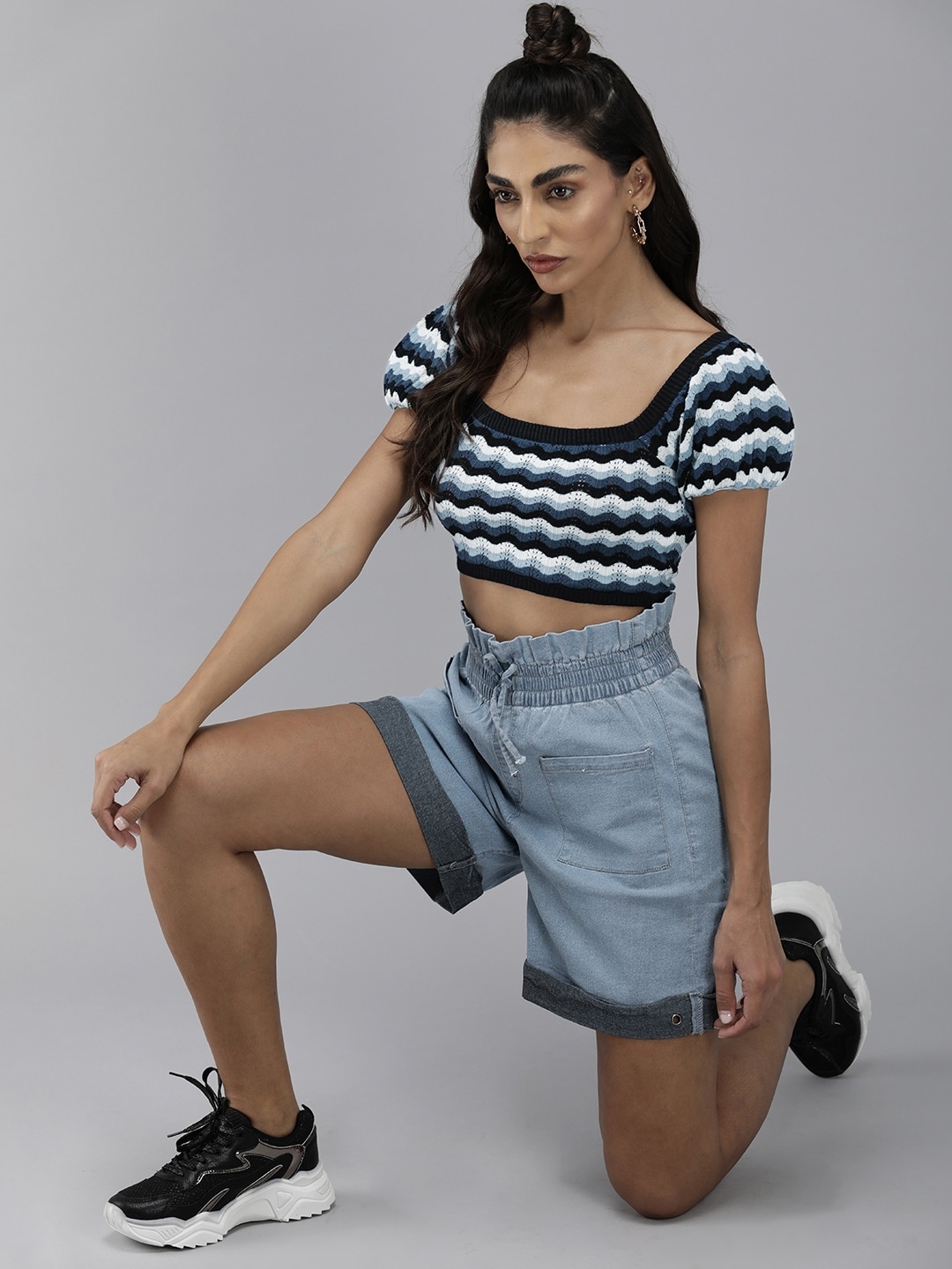 

Roadster Women Blue & White Self-Design Crop Top