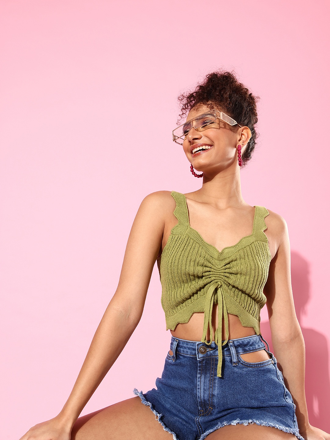 

The Roadster Lifestyle Co. Women Olive Green Crochet Crop Top With Ruching Detail