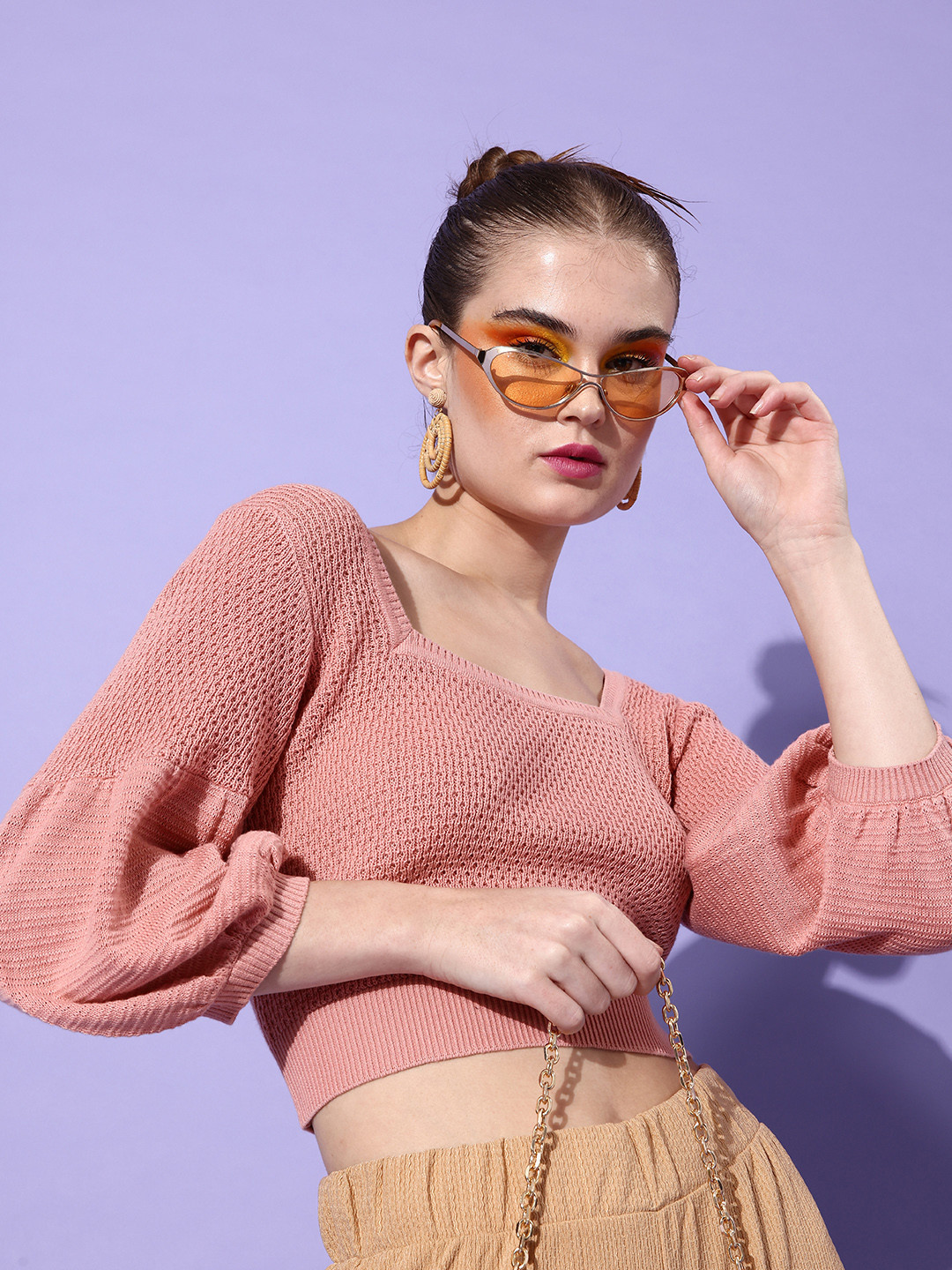 

The Roadster Life Co. Women Rust Pink Self Design Balloon Sleeve Crop Top