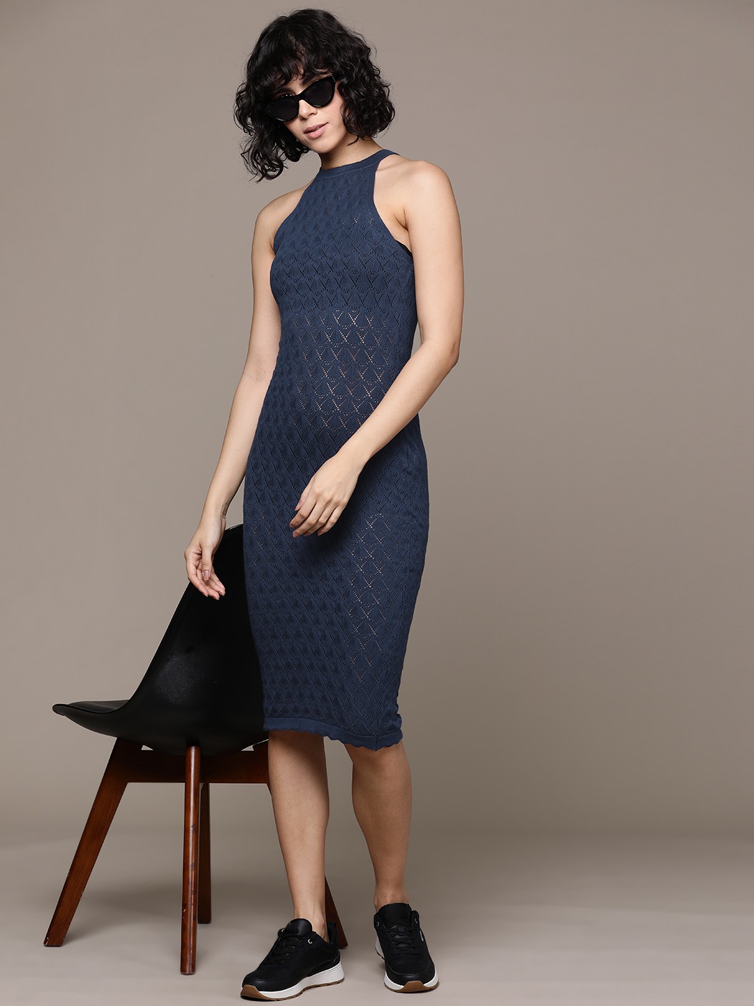 

The Roadster Lifestyle Co. Cotton Crochet Knit Semi-Sheer Midi Dress, Navy blue