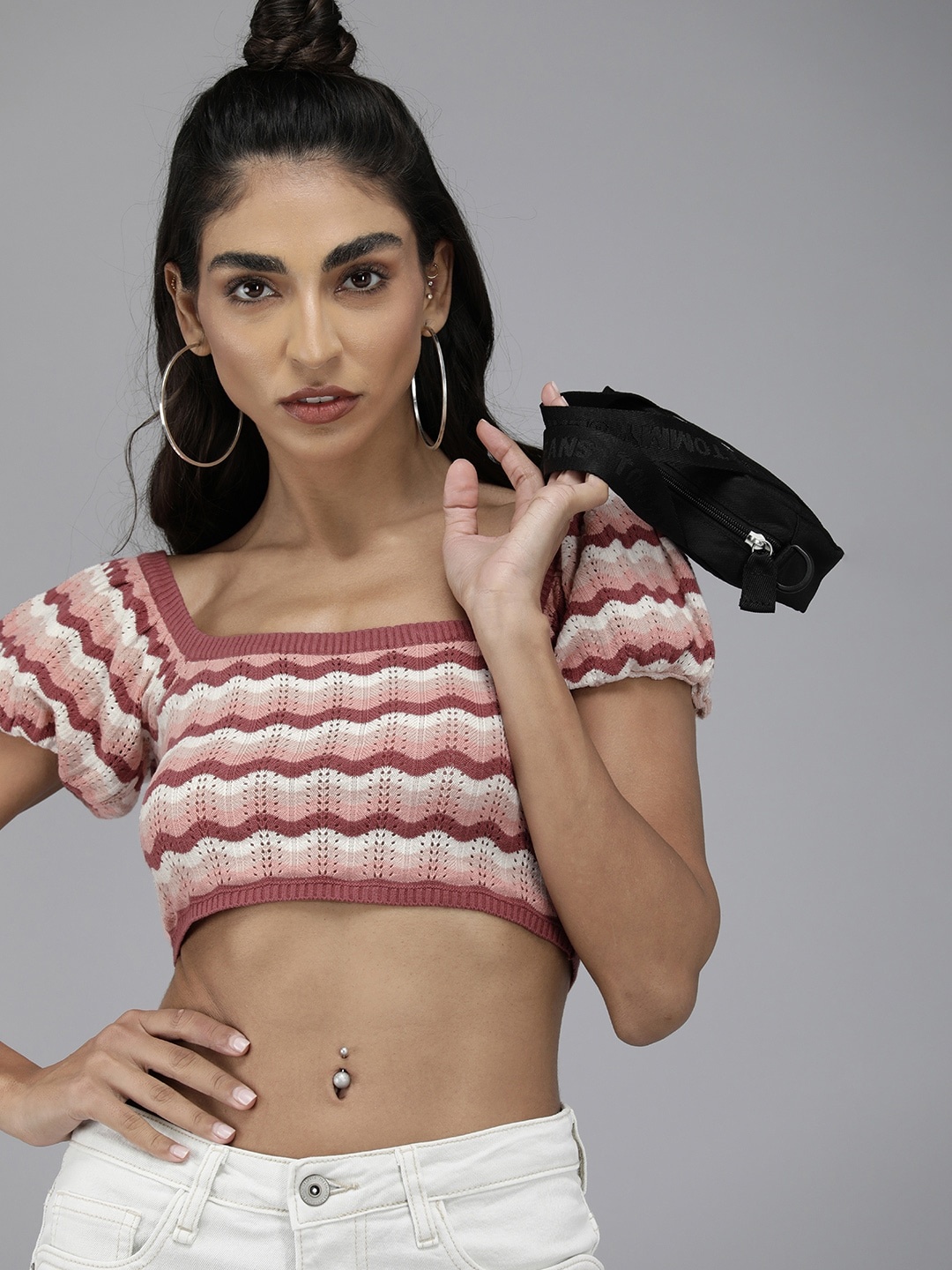 

Roadster Women White & Beige Self-Design Crop Top