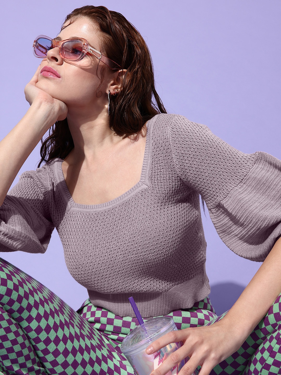 

Roadster Purple Self Design Pure Cotton Crochet Crop Top