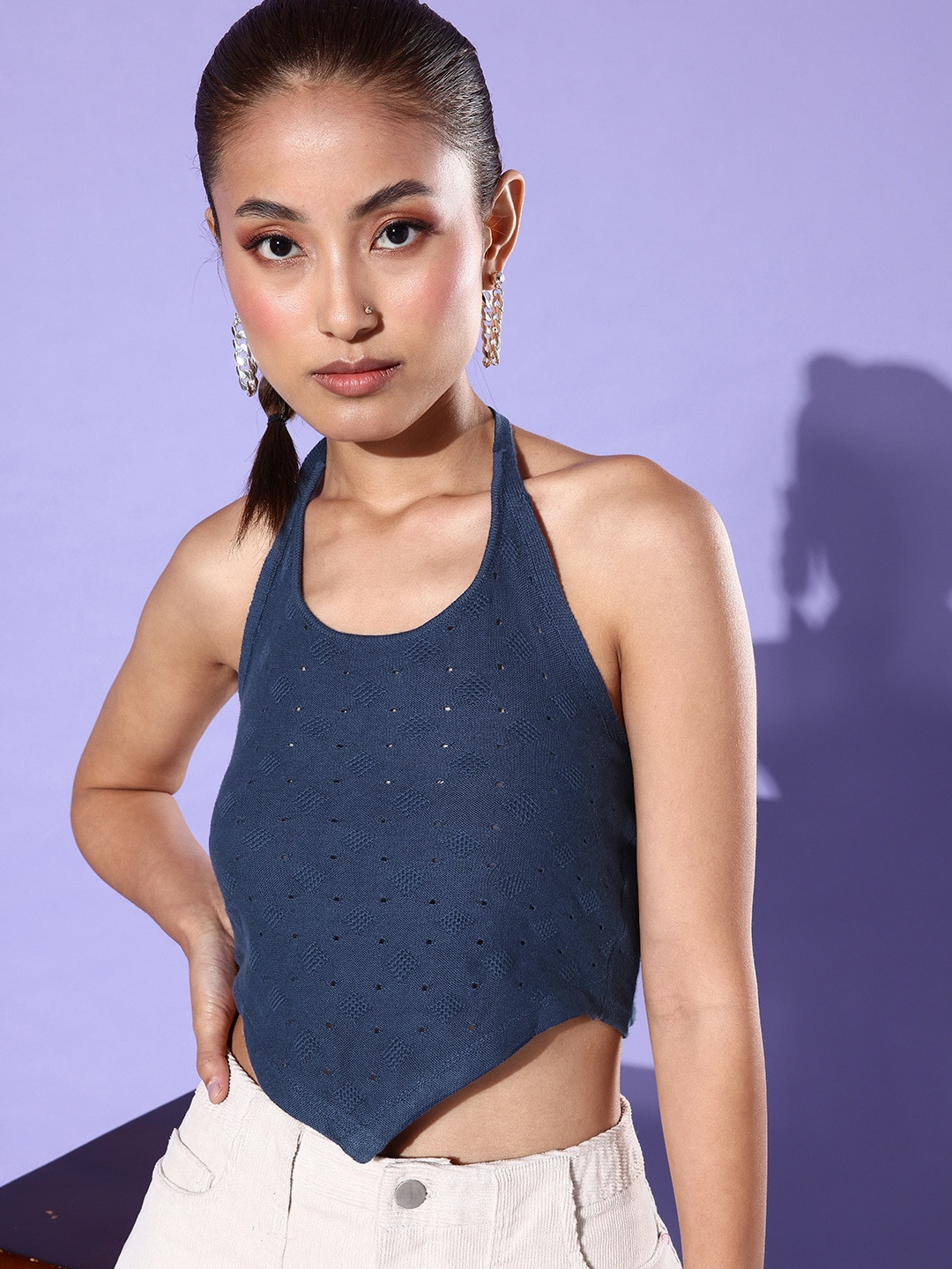 

The Roadster Lifestyle Co. Crochet Halter Neck Pure Cotton Crop Top, Navy blue