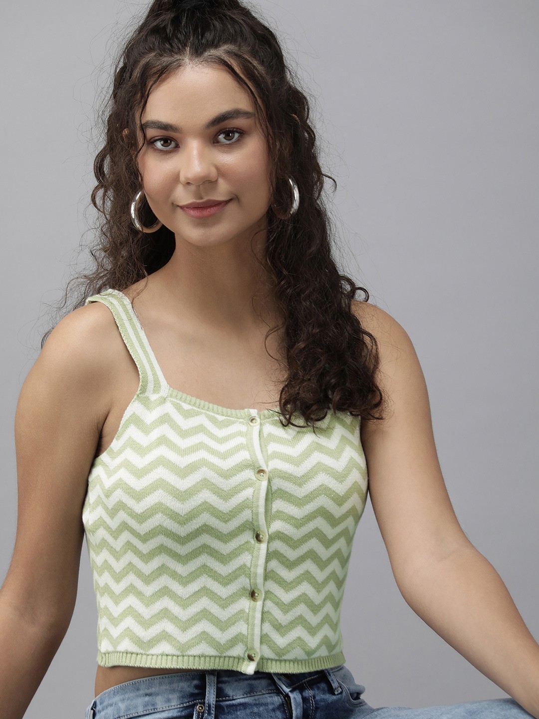 

Roadster Lime Green & White Chevron Striped Pure Cotton Crochet Knitted Crop Top