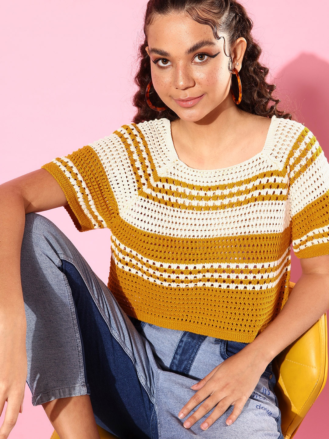 

The Roadster Lifestyle Co. Women Mustard Yellow & White Crochet Raglan Sleeves Top