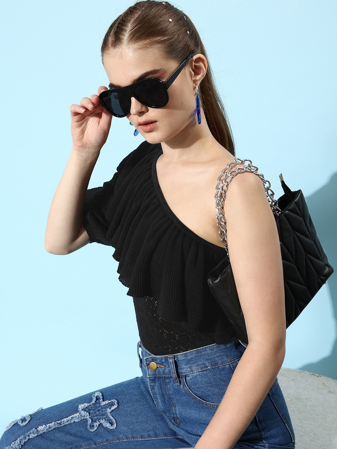 

Roadster Stunning Black Self-Design Ruffled Top