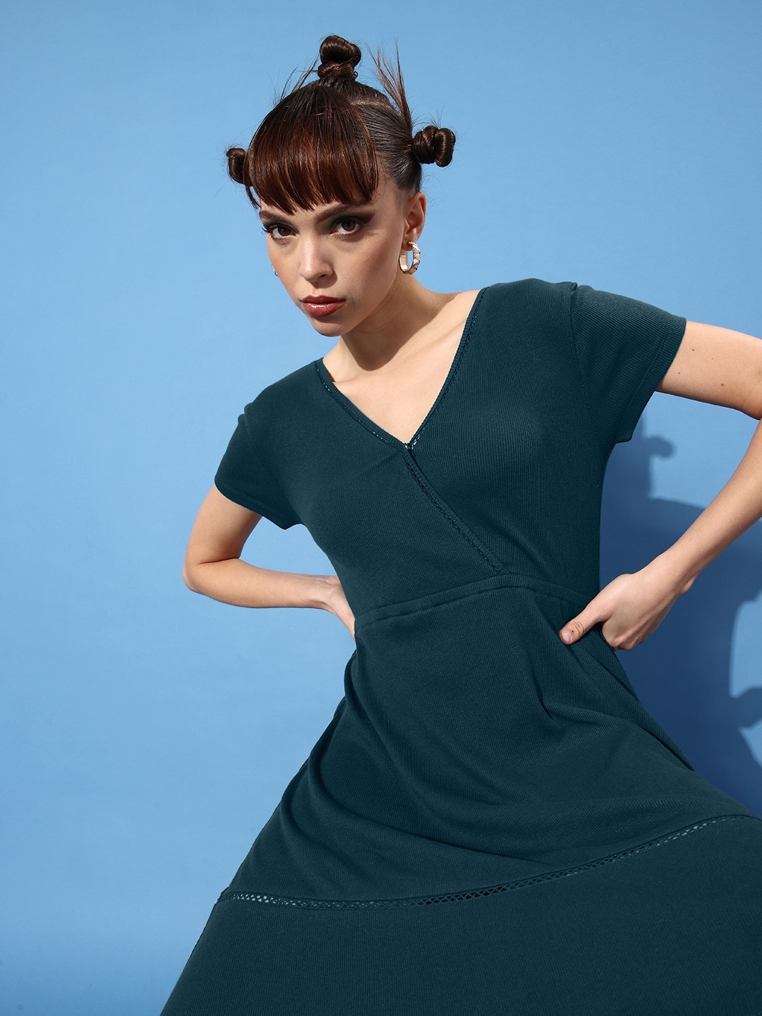 

Roadster Women Teal Solid Wrap it Up Dress