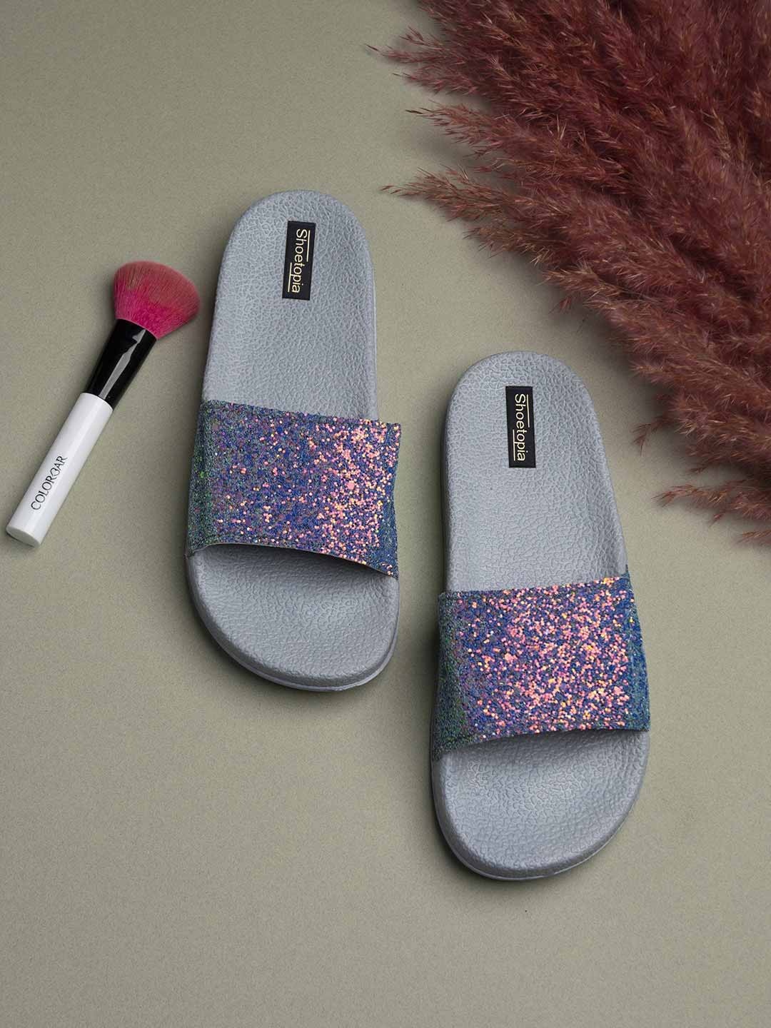 

Shoetopia Women Grey Embellished Rubber Sliders