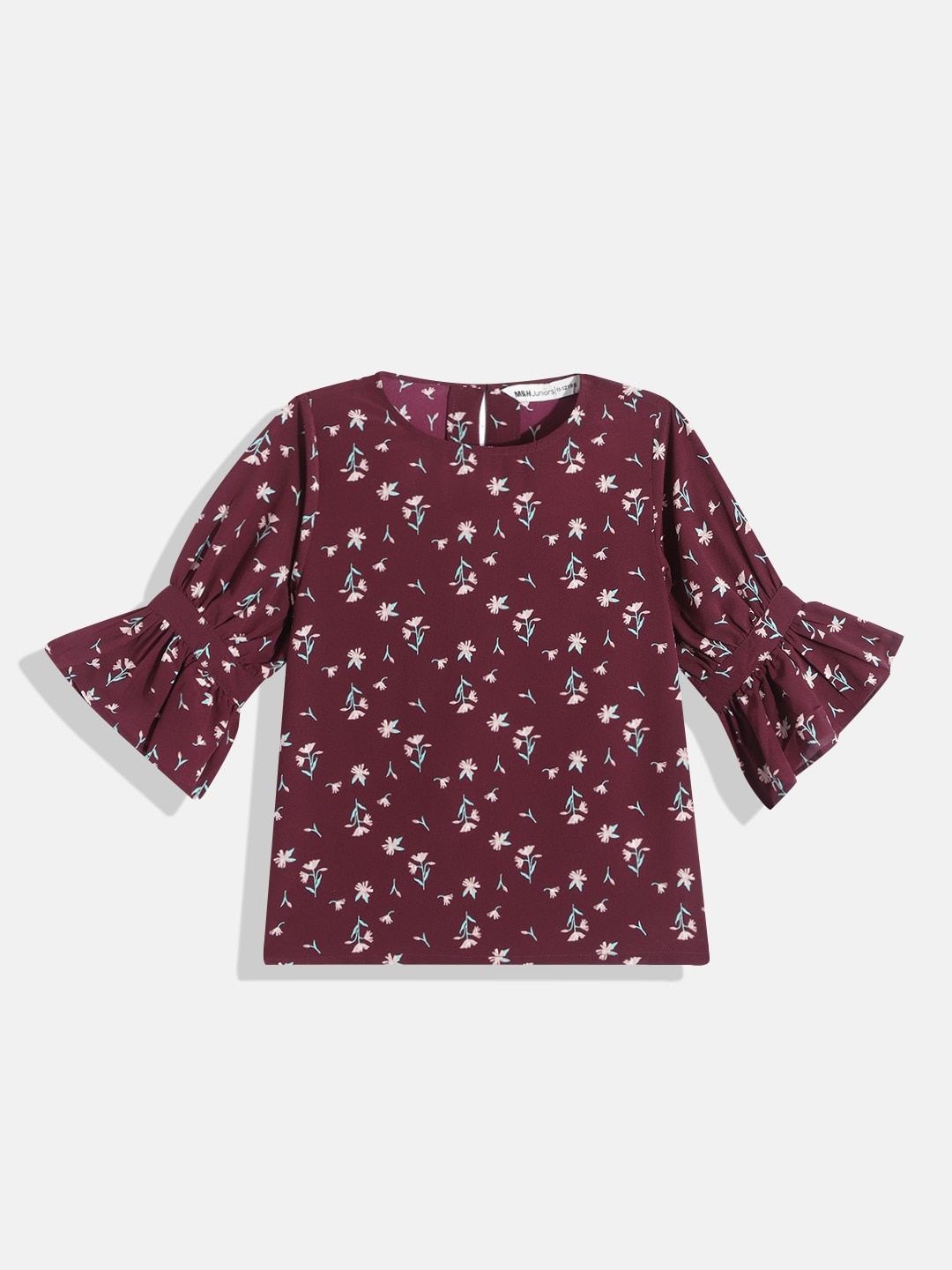 

M&H Juniors Girls Burgundy & Pink Floral Print Top