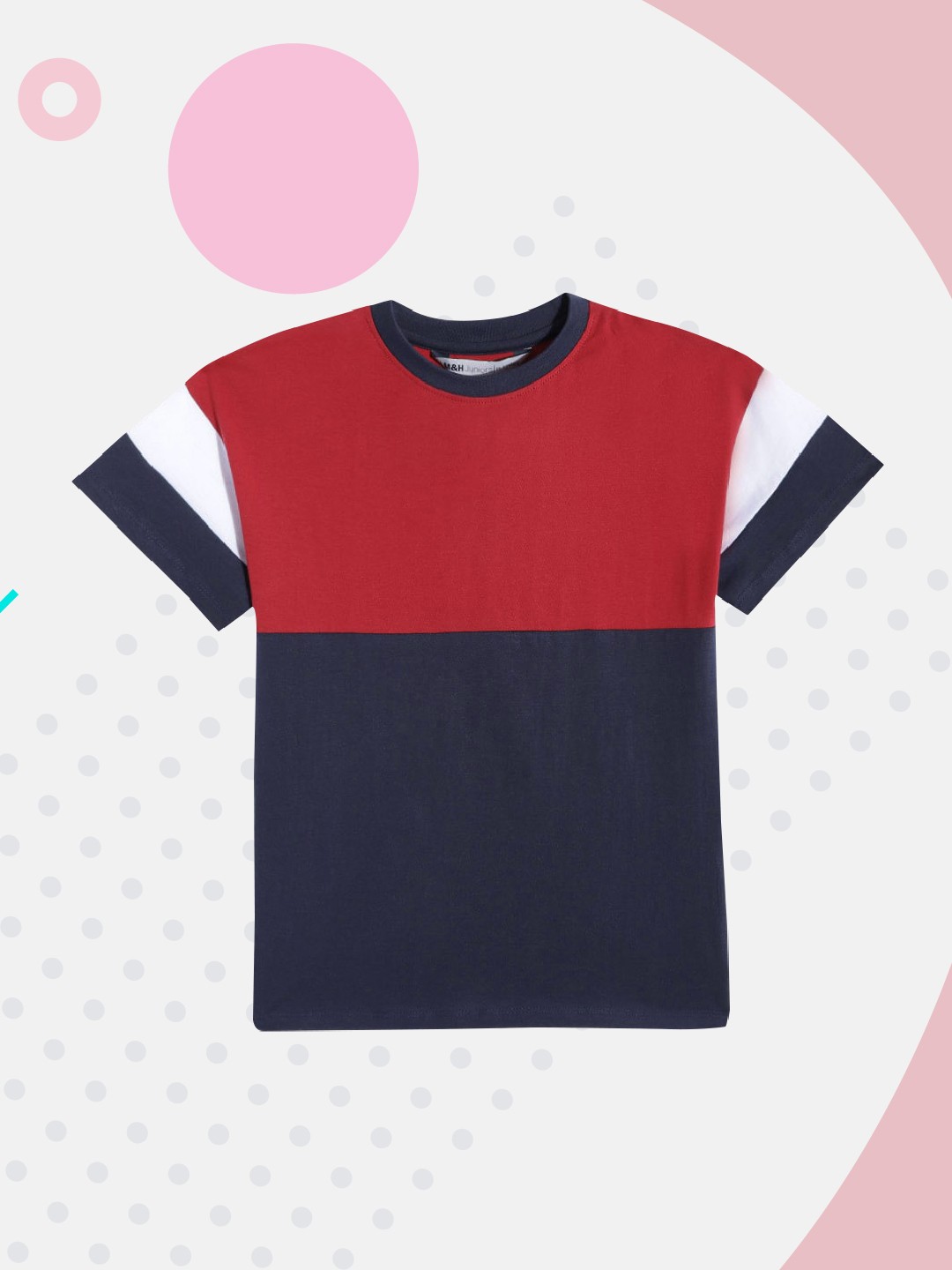 

M&H Juniors Girls Red & Navy Blue Colourblocked Pure Cotton T-shirt