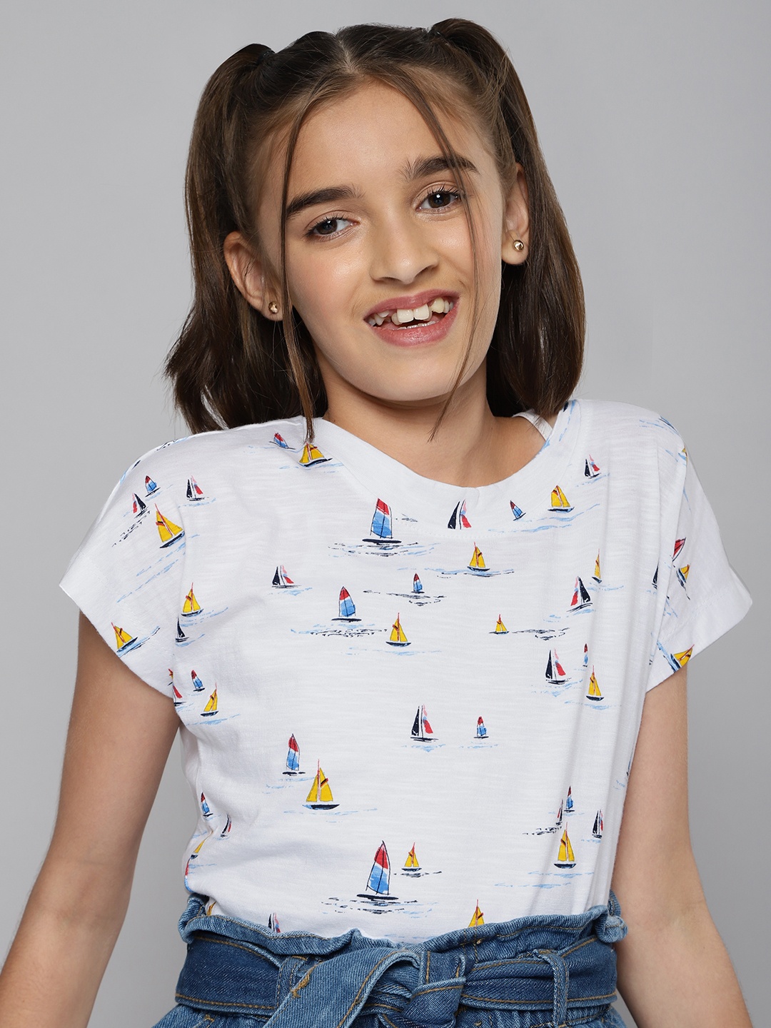 

M&H Juniors Girls White & Blue Printed Extended Sleeves Pure Cotton T-shirt