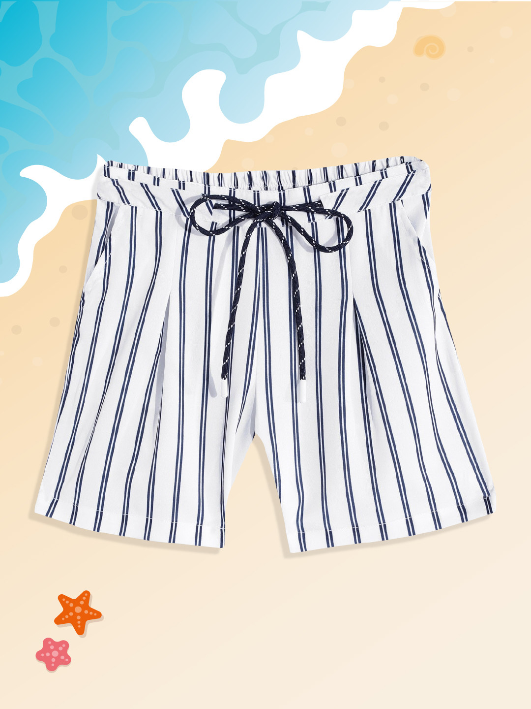 

M&H Juniors Girls White & Navy Blue Striped Shorts