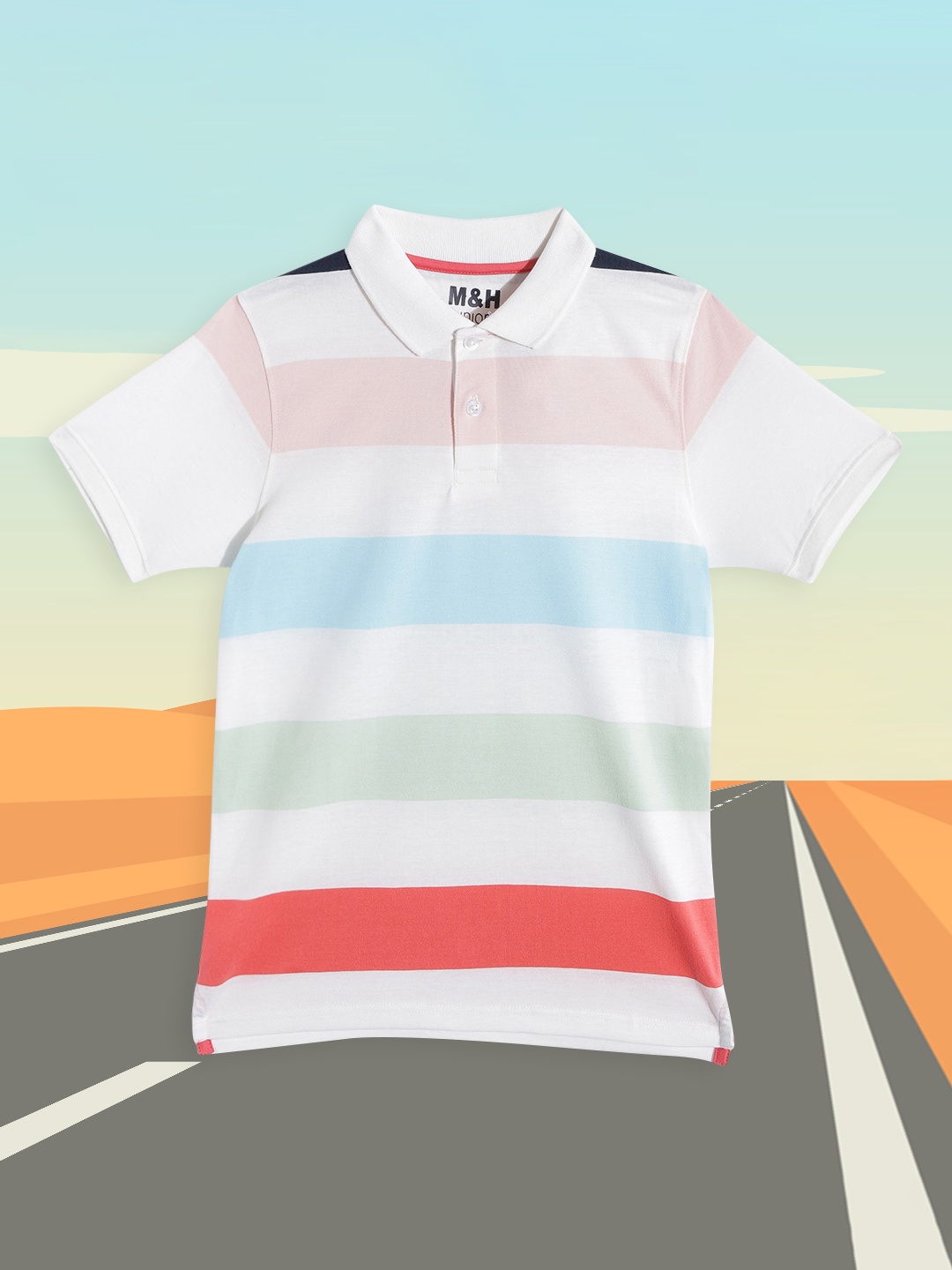 

M&H Juniors Boys White Striped Polo Collar Pure Cotton T-shirt