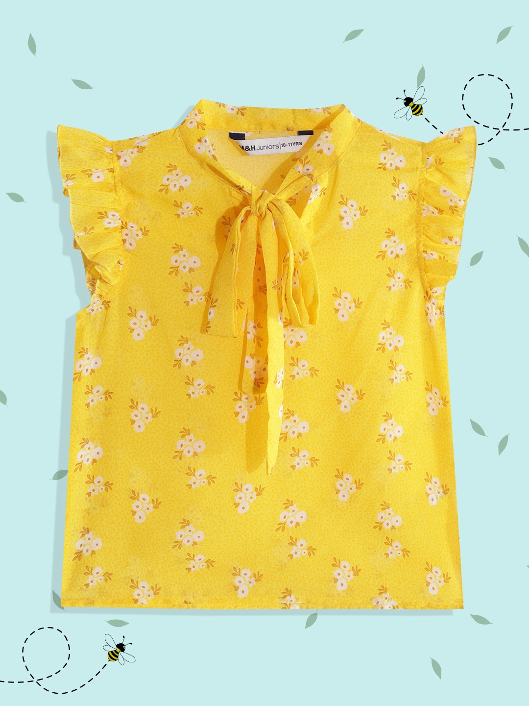 

M&H Juniors Girls Yellow & White Floral Print Tie-Up Neck Top