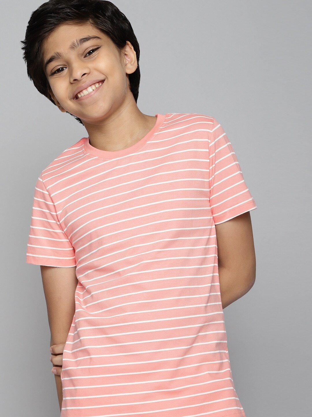 

M&H Juniors Boys Pink & White Striped Cotton T-shirt