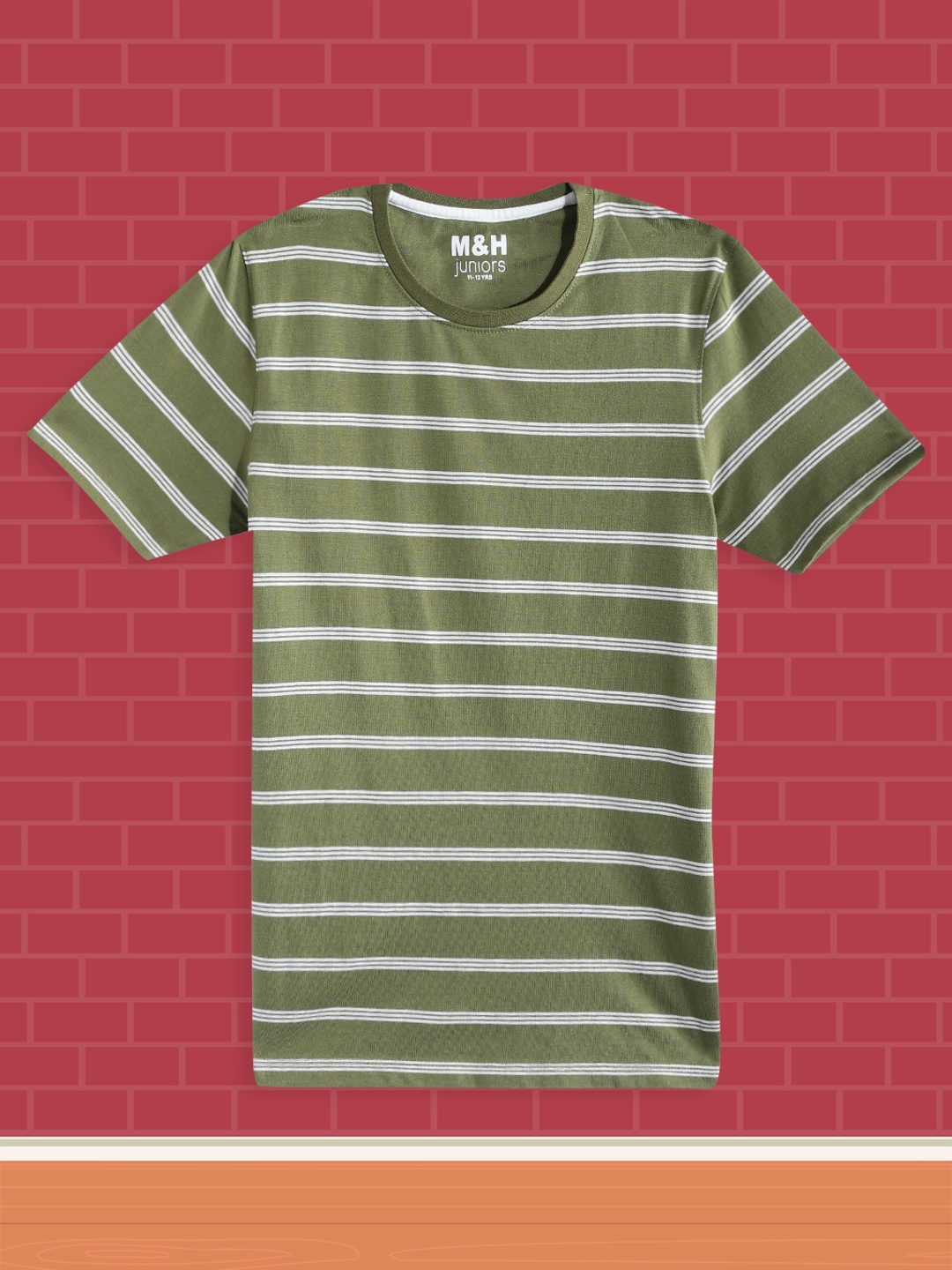 

M&H Juniors Boys Olive Green & White Striped Pure Cotton T-shirt