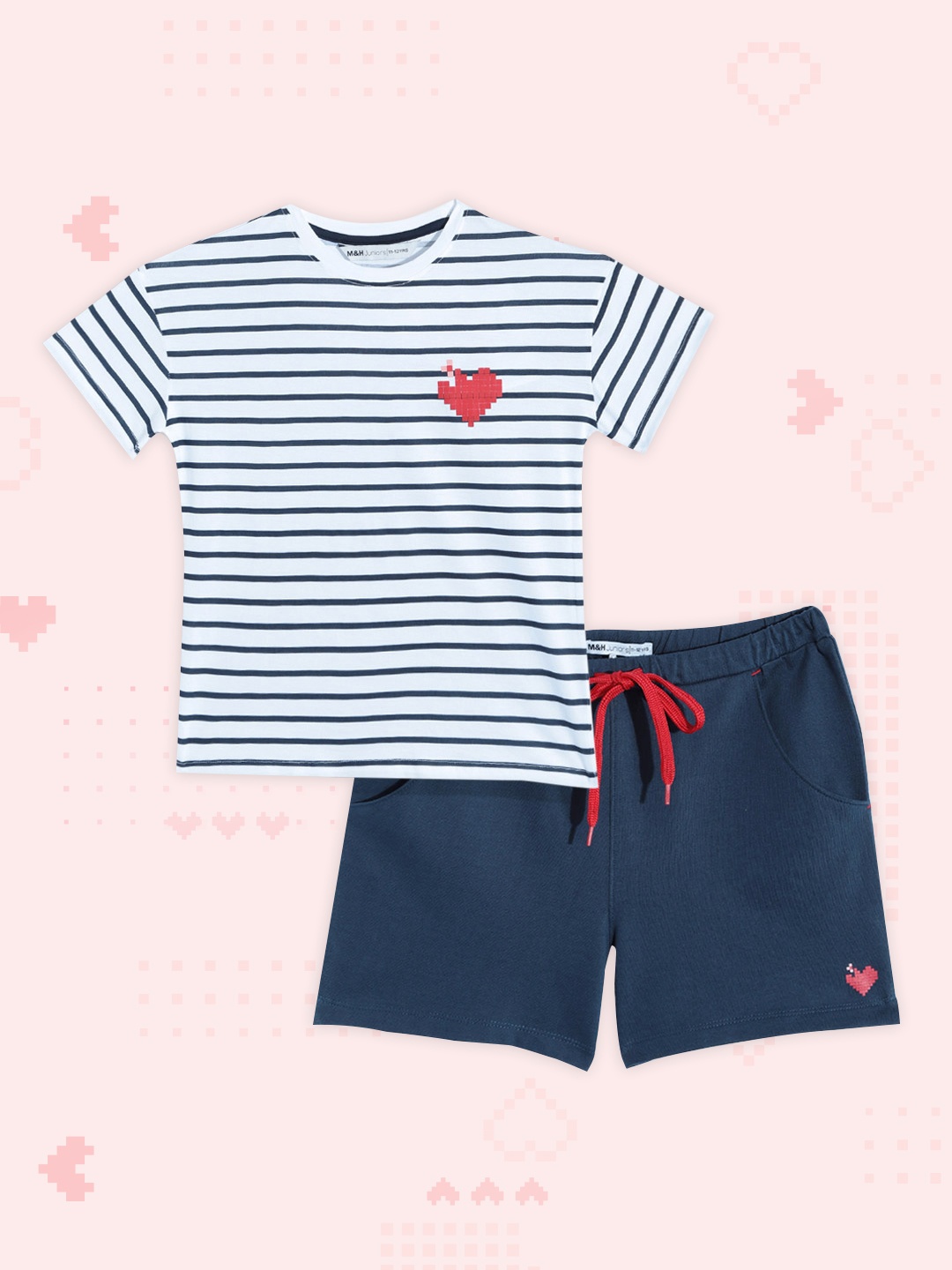 

M&H Juniors Girls White & Navy Blue Striped Pure Cotton T-shirt with Shorts