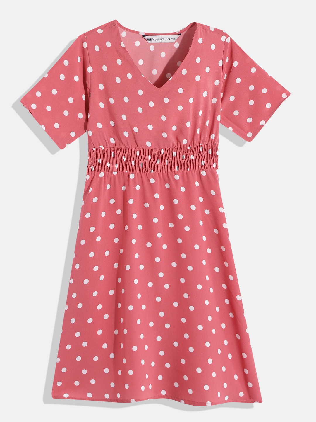

M&H Juniors Girls Dusty Rose Pink & White Polka Print A-Line Dress