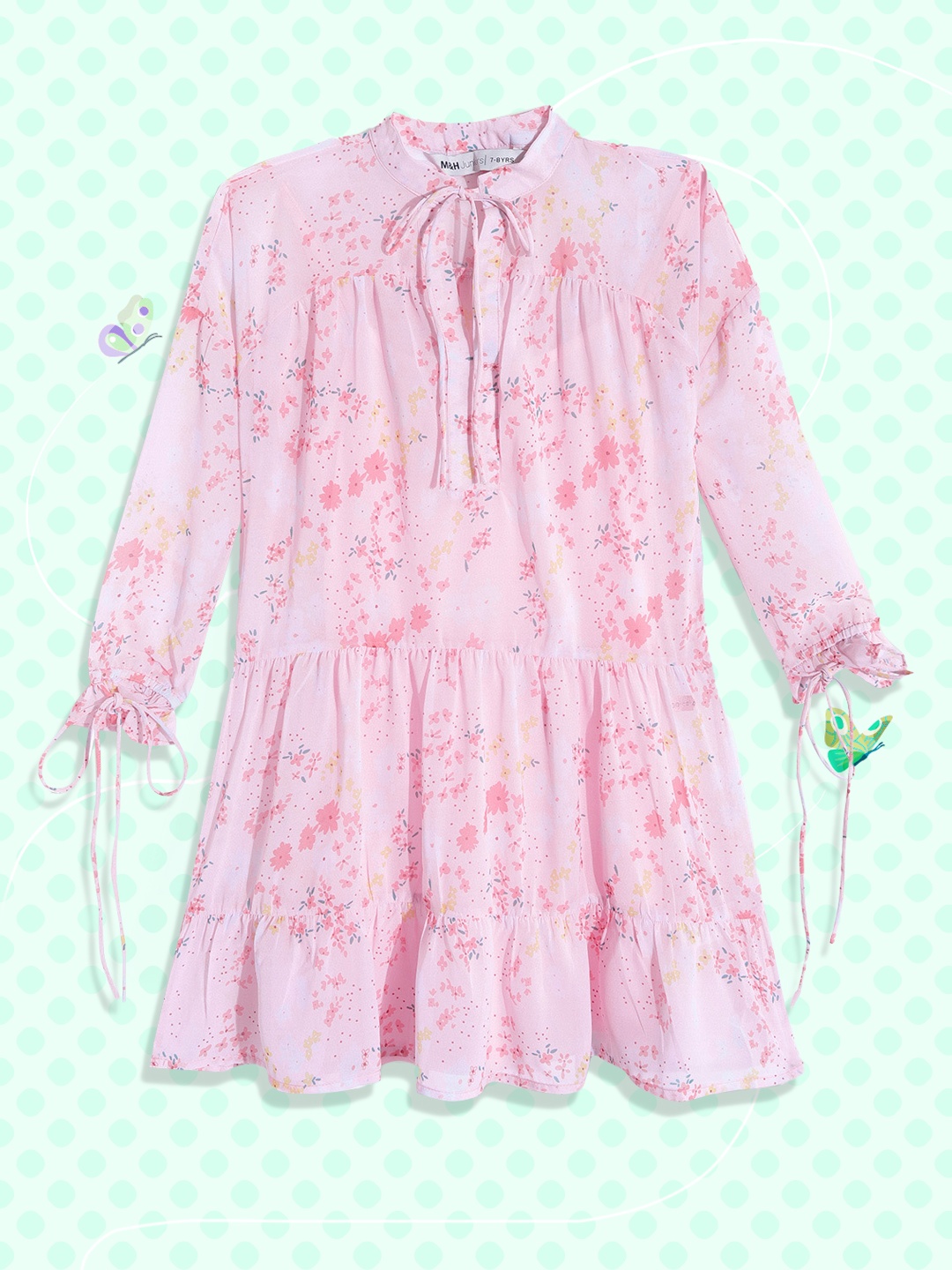 

M&H Juniors Girls Pink & Yellow Floral Print Tie-Up Neck Fit & Flare Dress