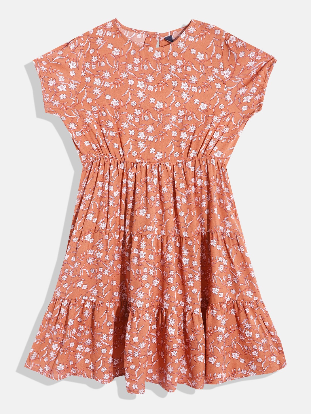 

M&H Juniors Girls Rust Orange & White Floral Tiered Dress