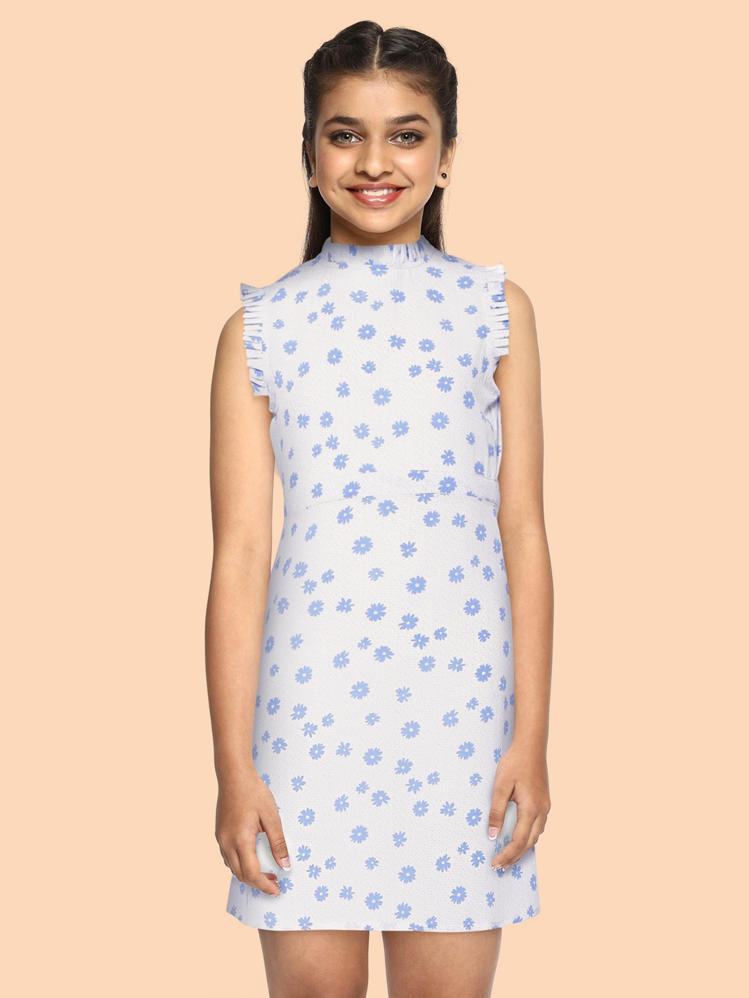 

M&H Juniors Girls White & Blue Floral Print A-Line Dress