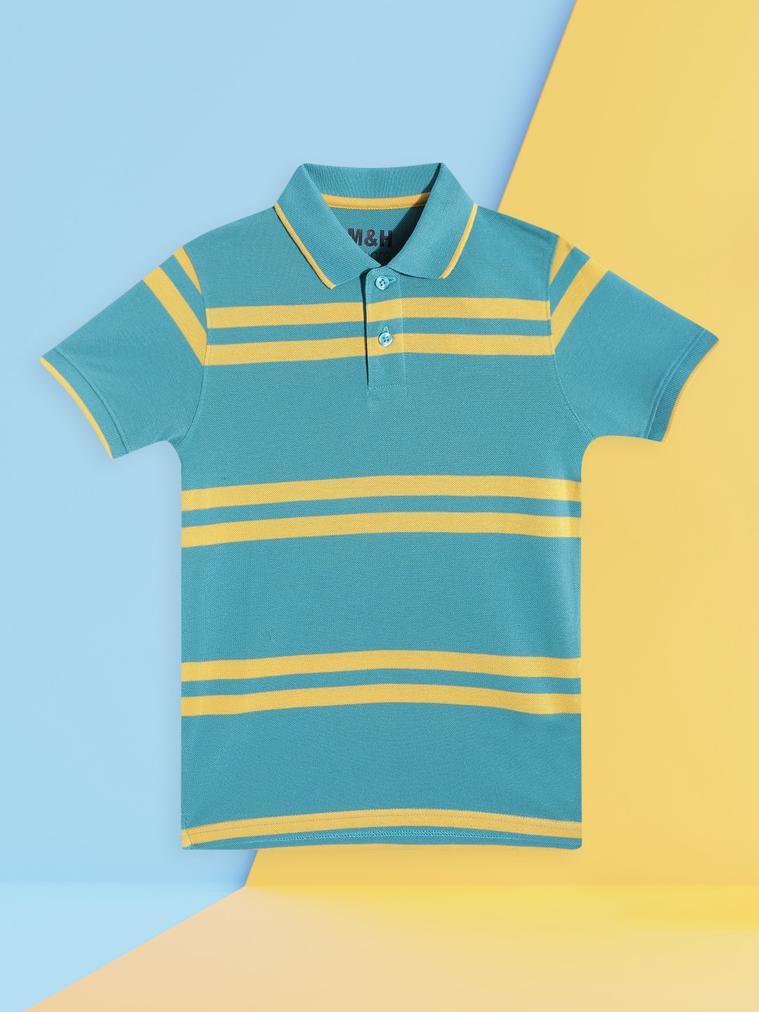 

M&H Juniors Boys Green & Yellow Striped Cotton Polo Collar T-shirt