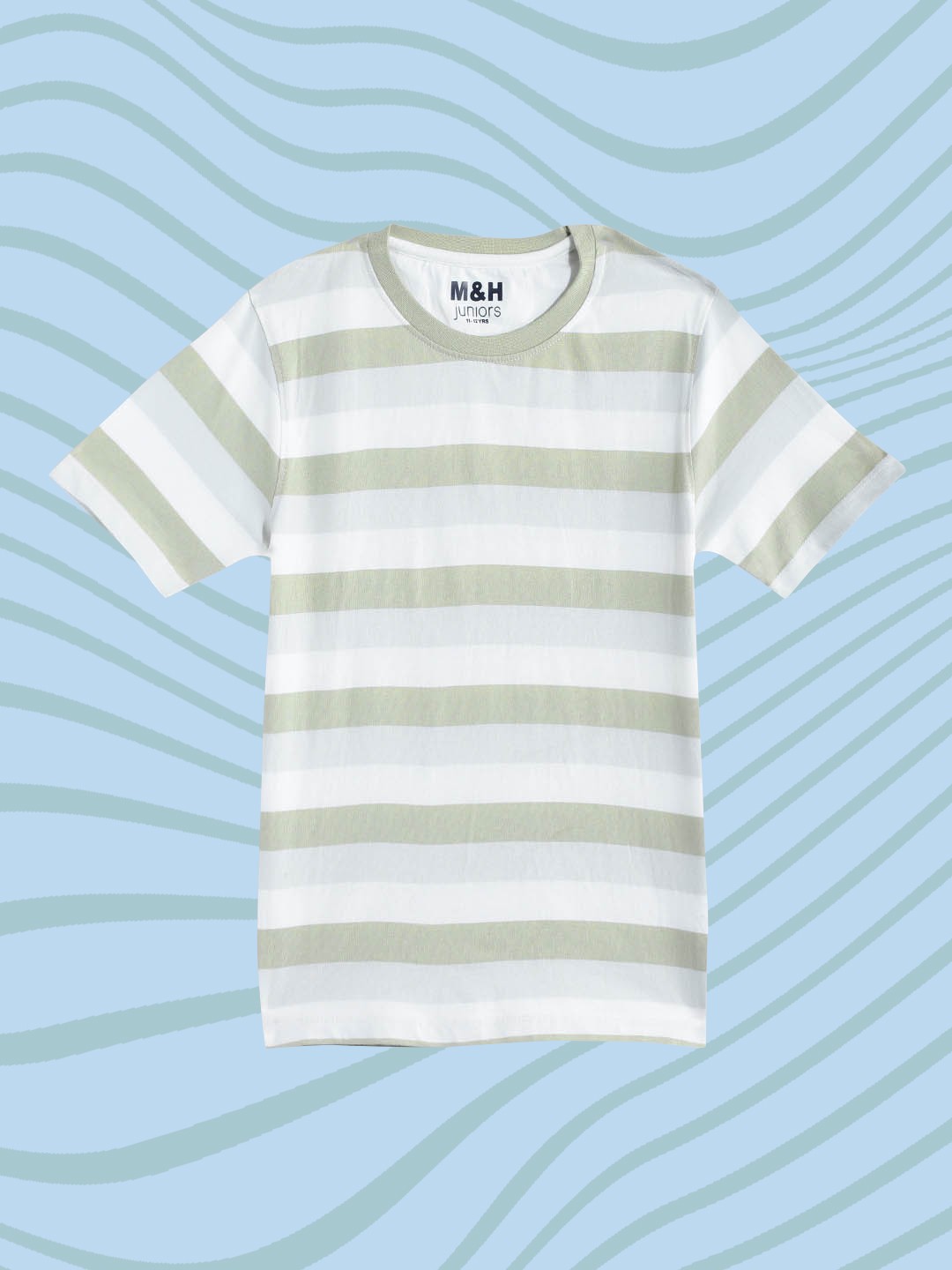 

M&H Juniors Boys White & Green Striped Pure Cotton T-shirt