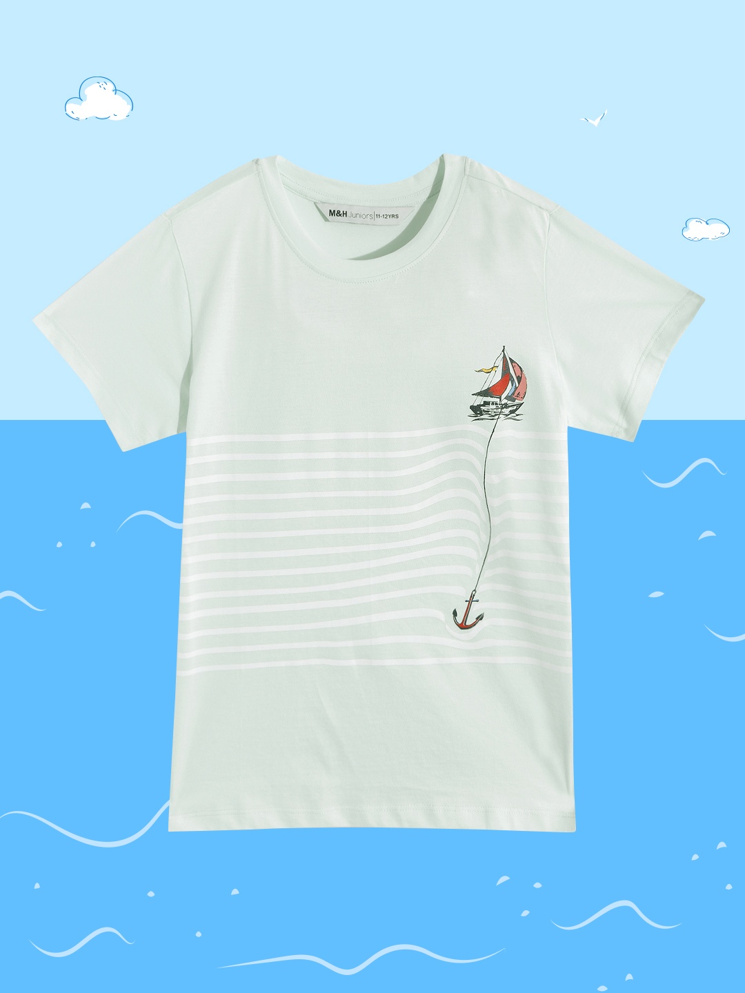 

M&H Juniors Girls Green & White Striped Pure Cotton T-shirt