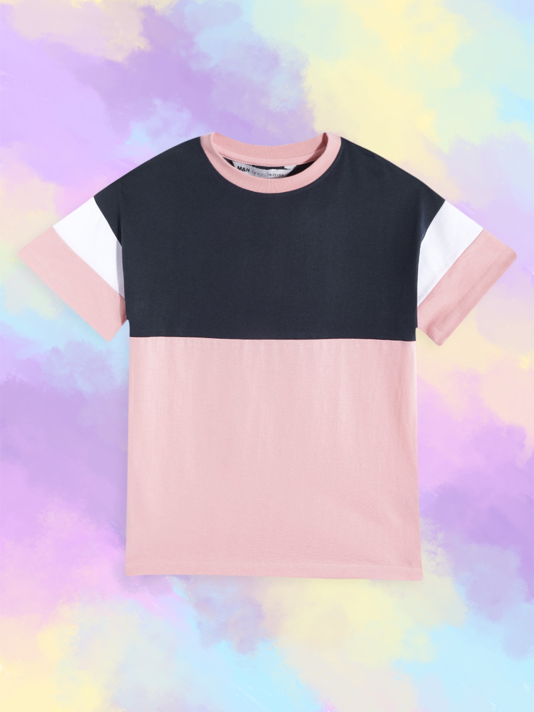 

M&H Juniors Girls Peach-Coloured & Navy Blue Colourblocked Pure Cotton T-shirt