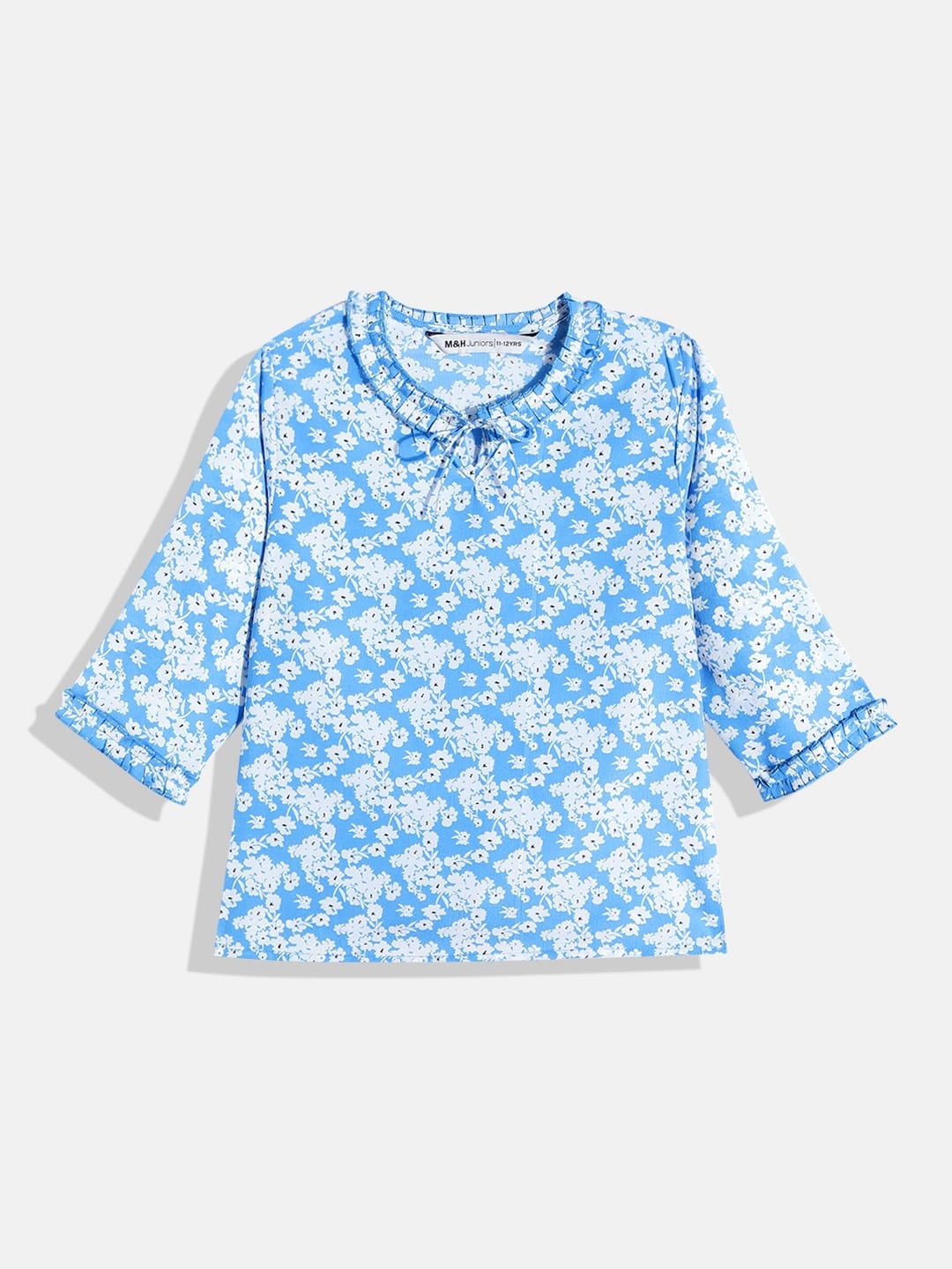 

M&H Juniors Girls Blue & White Floral Print Tie-Up Neck Top