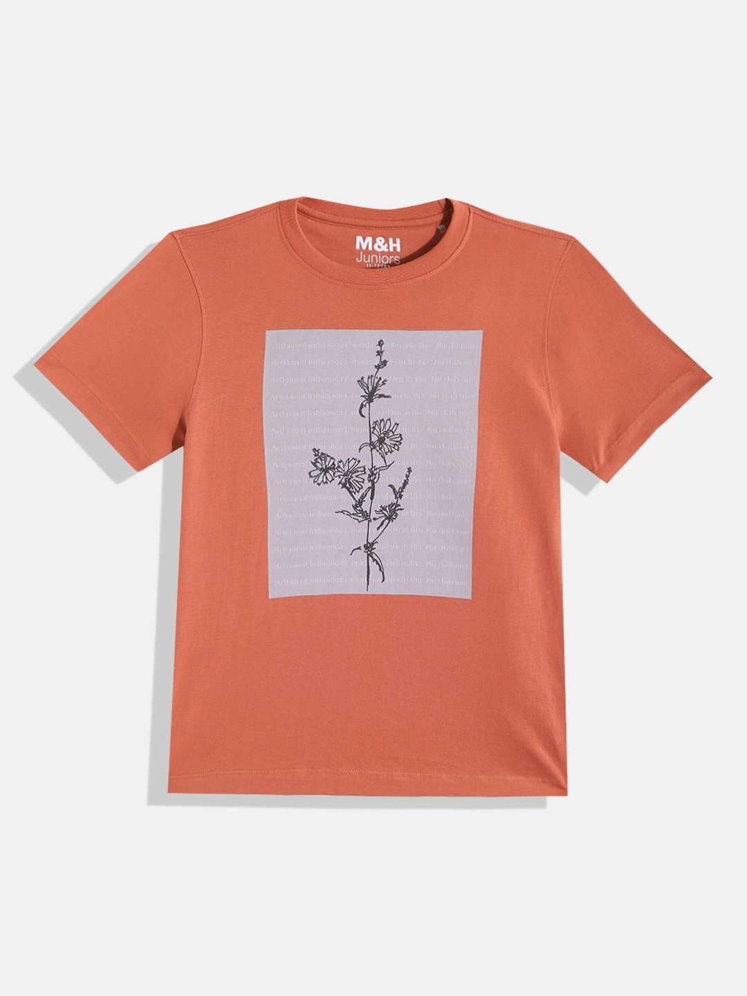 

M&H Juniors Boys Orange & Grey Pure Cotton Graphic Printed T-shirt, Coral