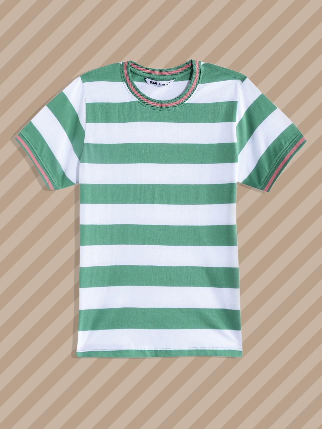 

M&H Juniors Girls White & Green Striped Pure Cotton T-shirt
