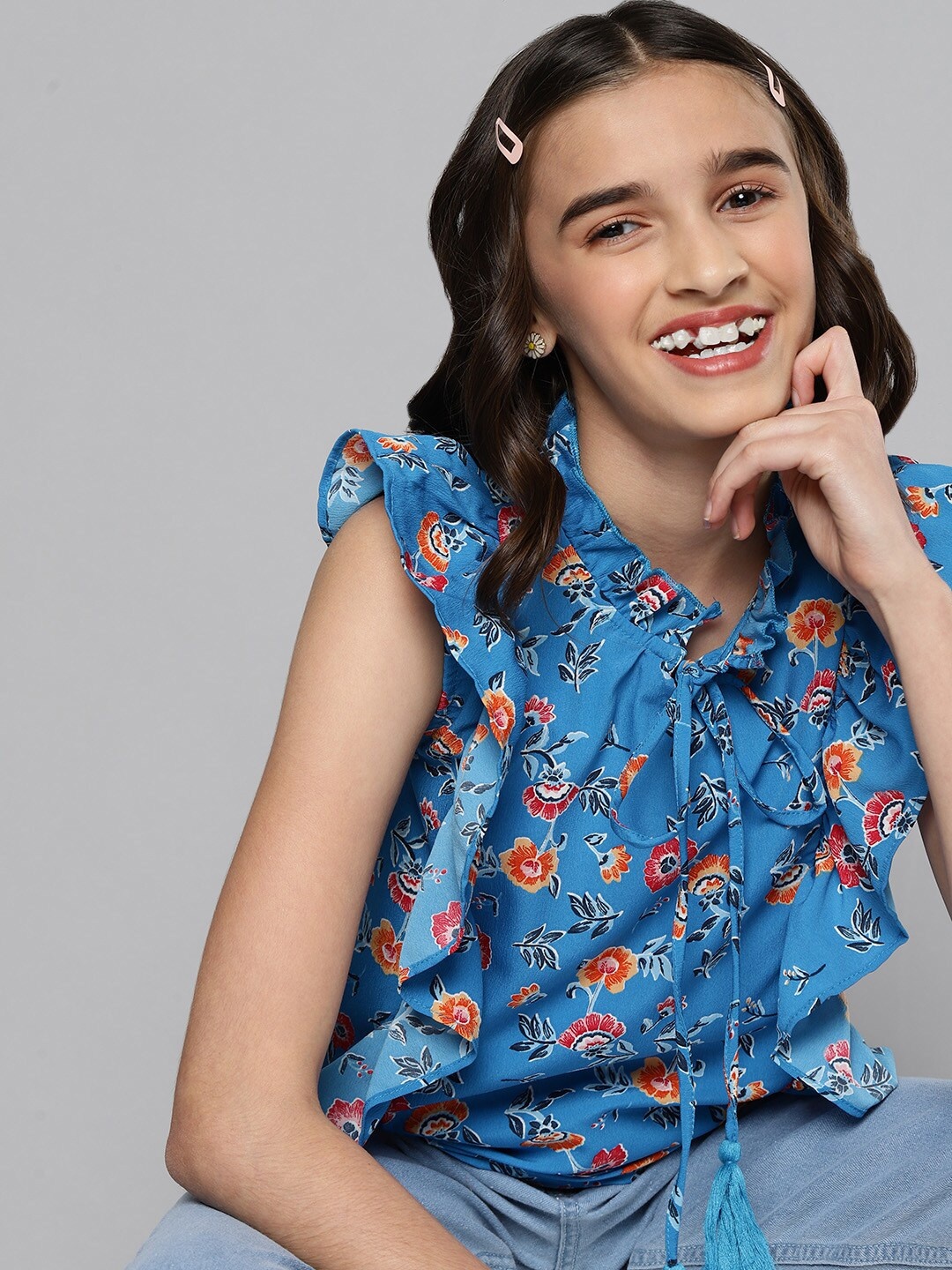 

M&H Juniors Girls Blue Floral Print Tie-Up Neck Ruffles Top