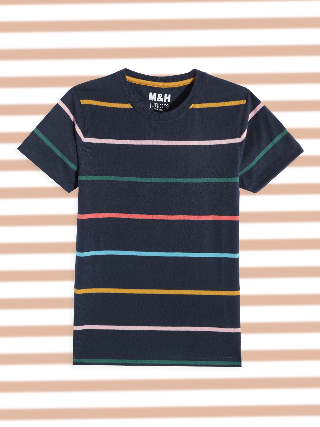 

M&H Juniors Boys Navy Blue Striped Pure Cotton T-shirt