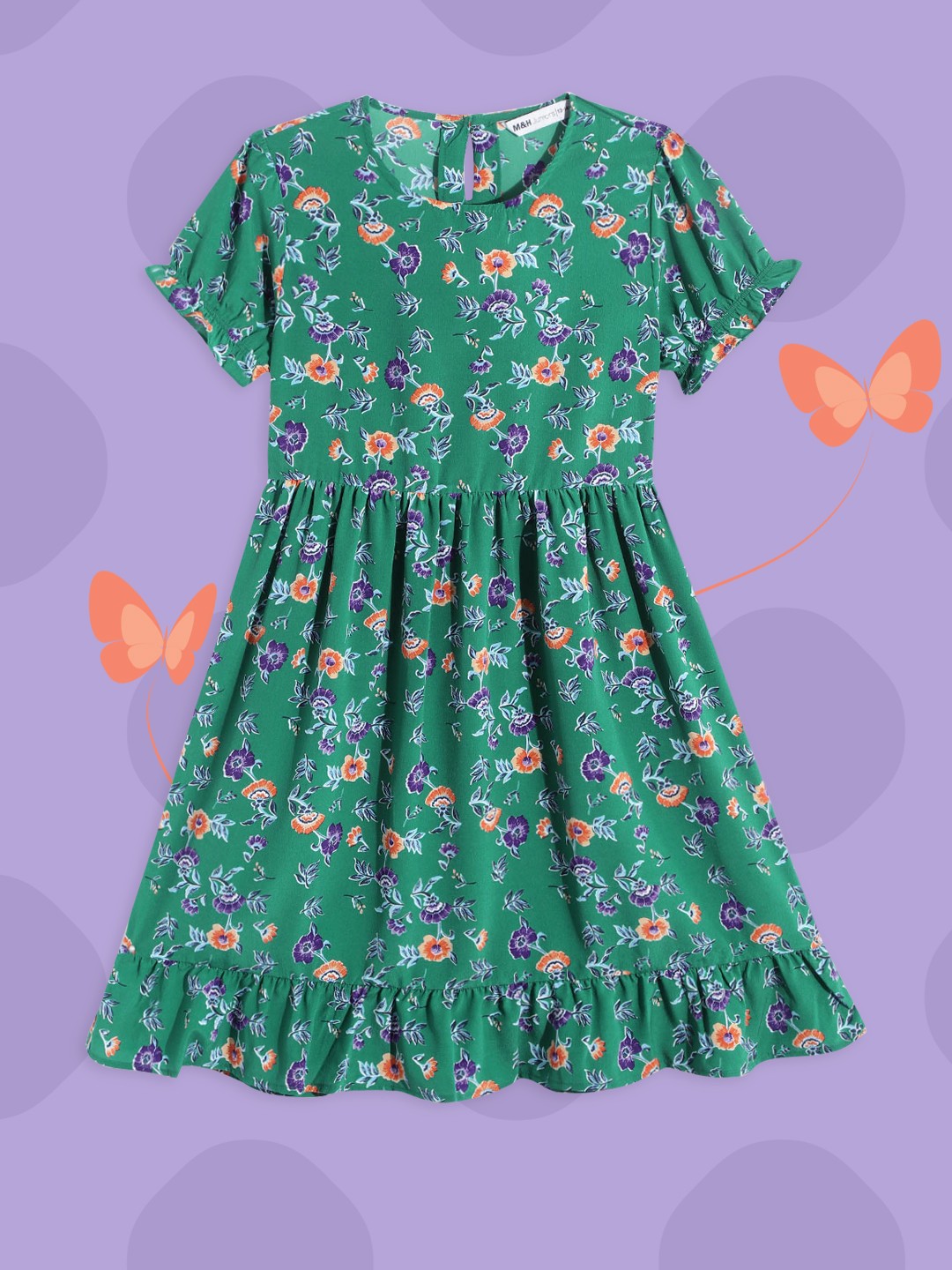 

M&H Juniors Girls Green & Purple Floral Print Fit & Flare Dress
