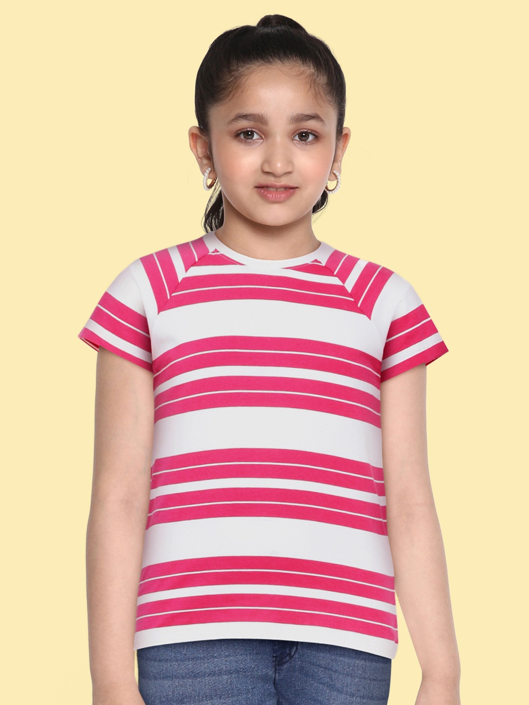 

M&H Juniors Girls White & Pink Striped Pure Cotton T-shirt