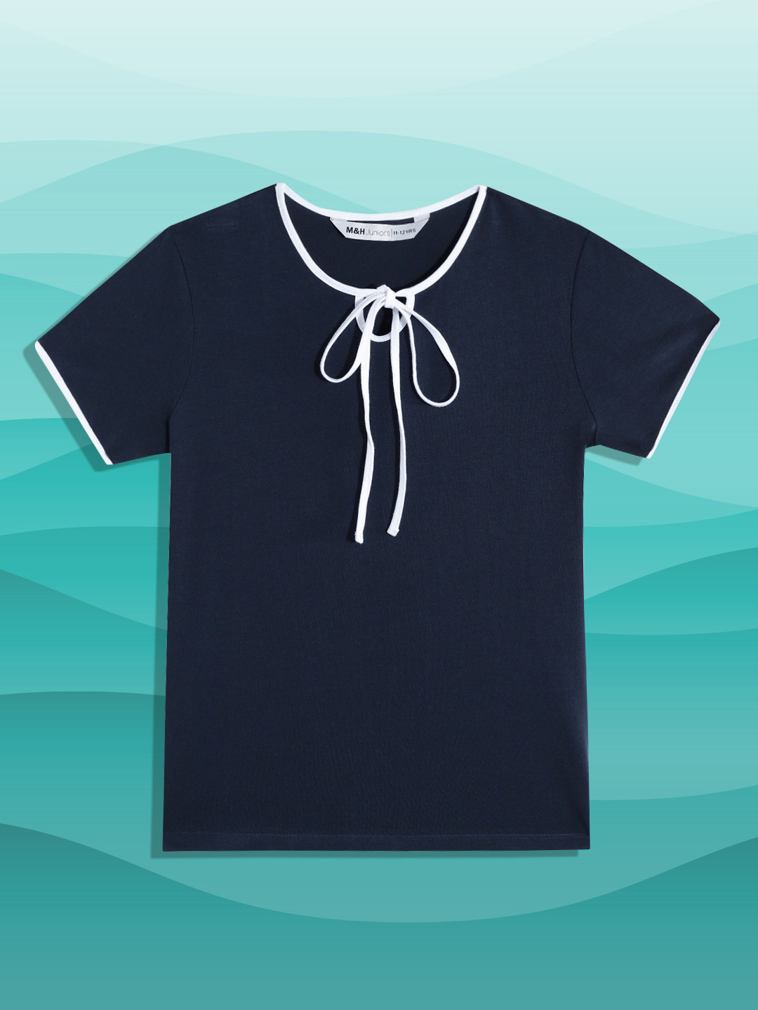 

M&H Juniors Girls Navy Blue Solid Tie-Up Neck Top