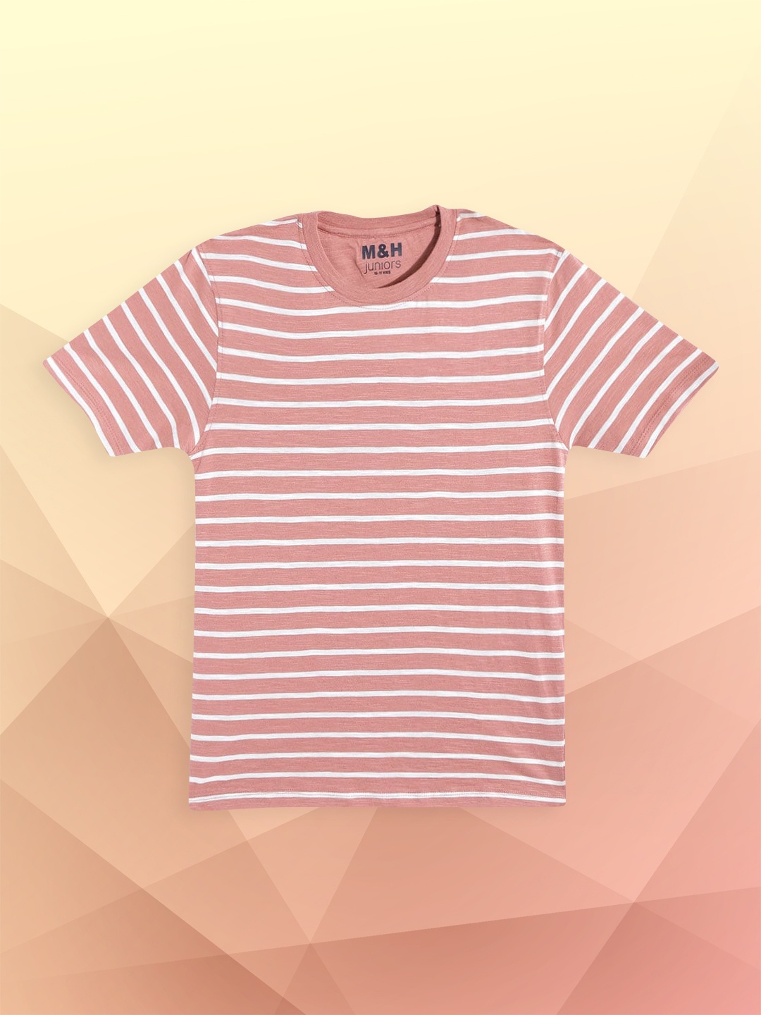 

M&H Juniors Boys Peach-Coloured & White Striped Pure Cotton T-shirt